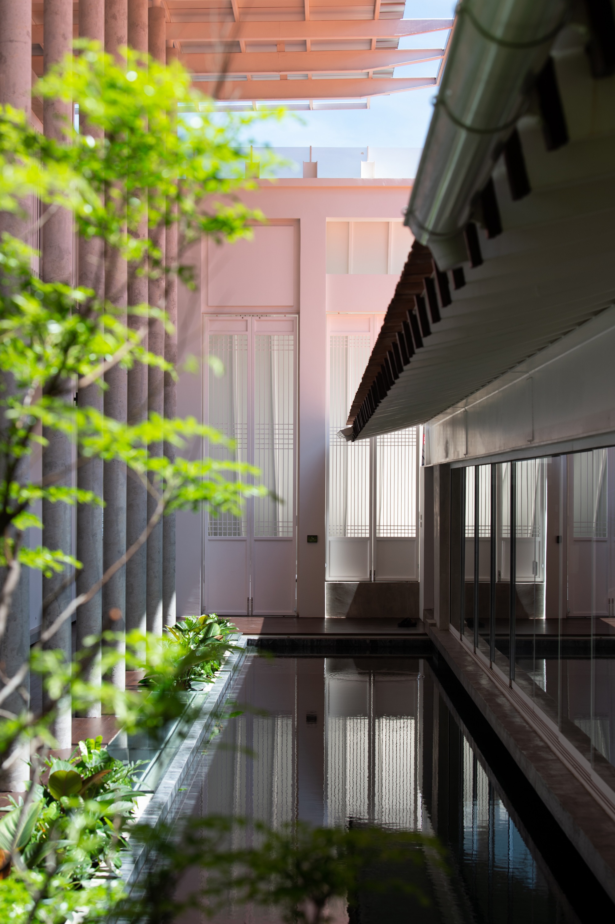 Interior courtyard with reflecting pool bordered by planted trees and glazed corridors