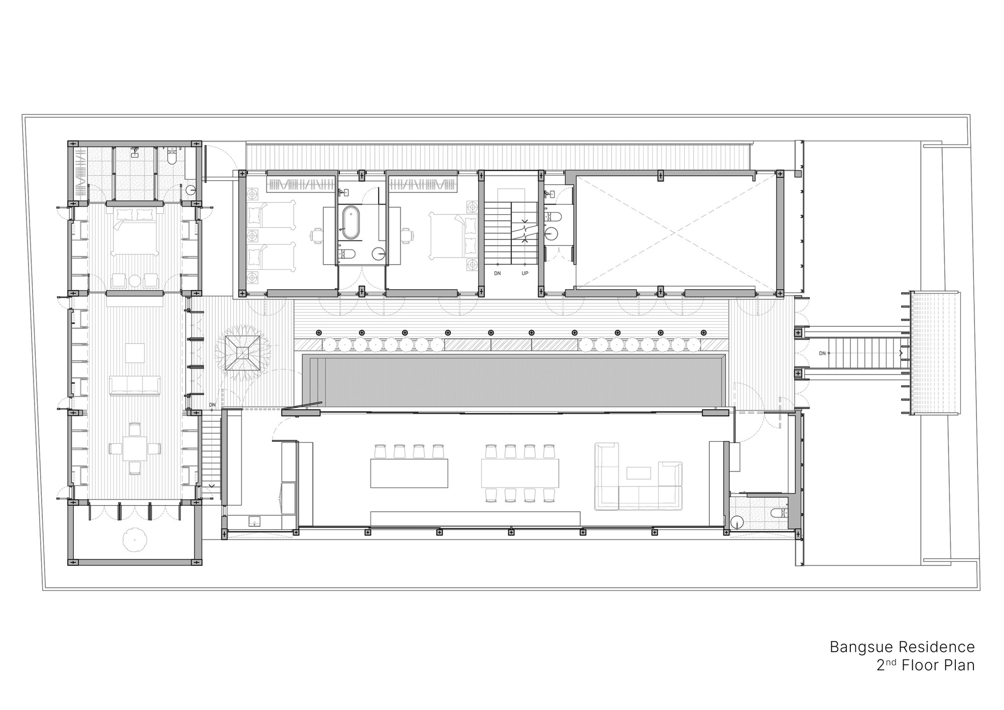 Second floor plan drawing showing bedrooms along one side and open living spaces overlooking the pool below