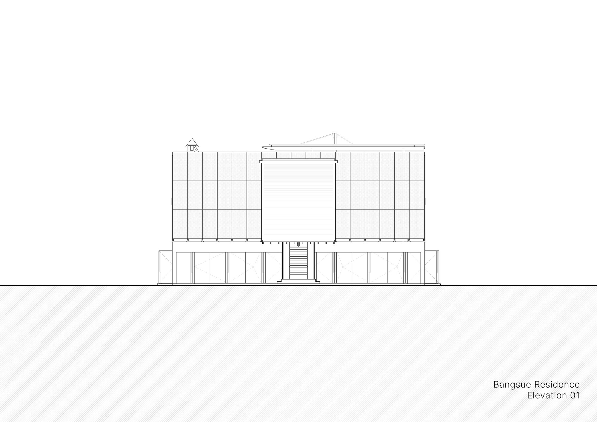 Elevation drawing showing a three-story volume with vertical paneling and a central staircase projection