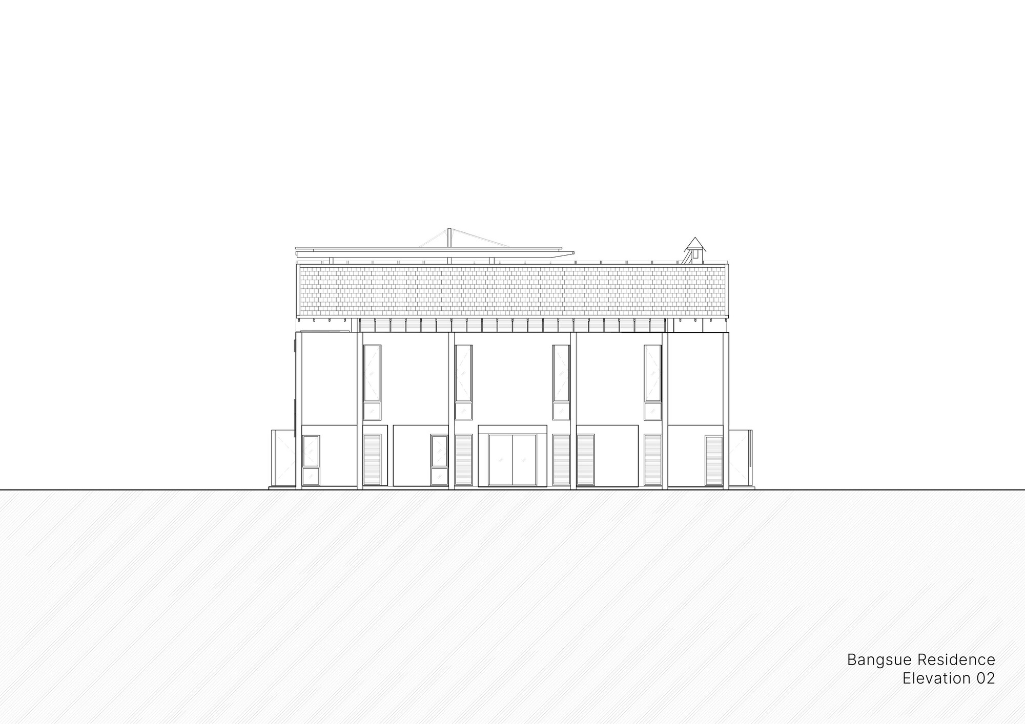 Elevation drawing showing a two-story volume with tall vertical windows and a textured flat roof