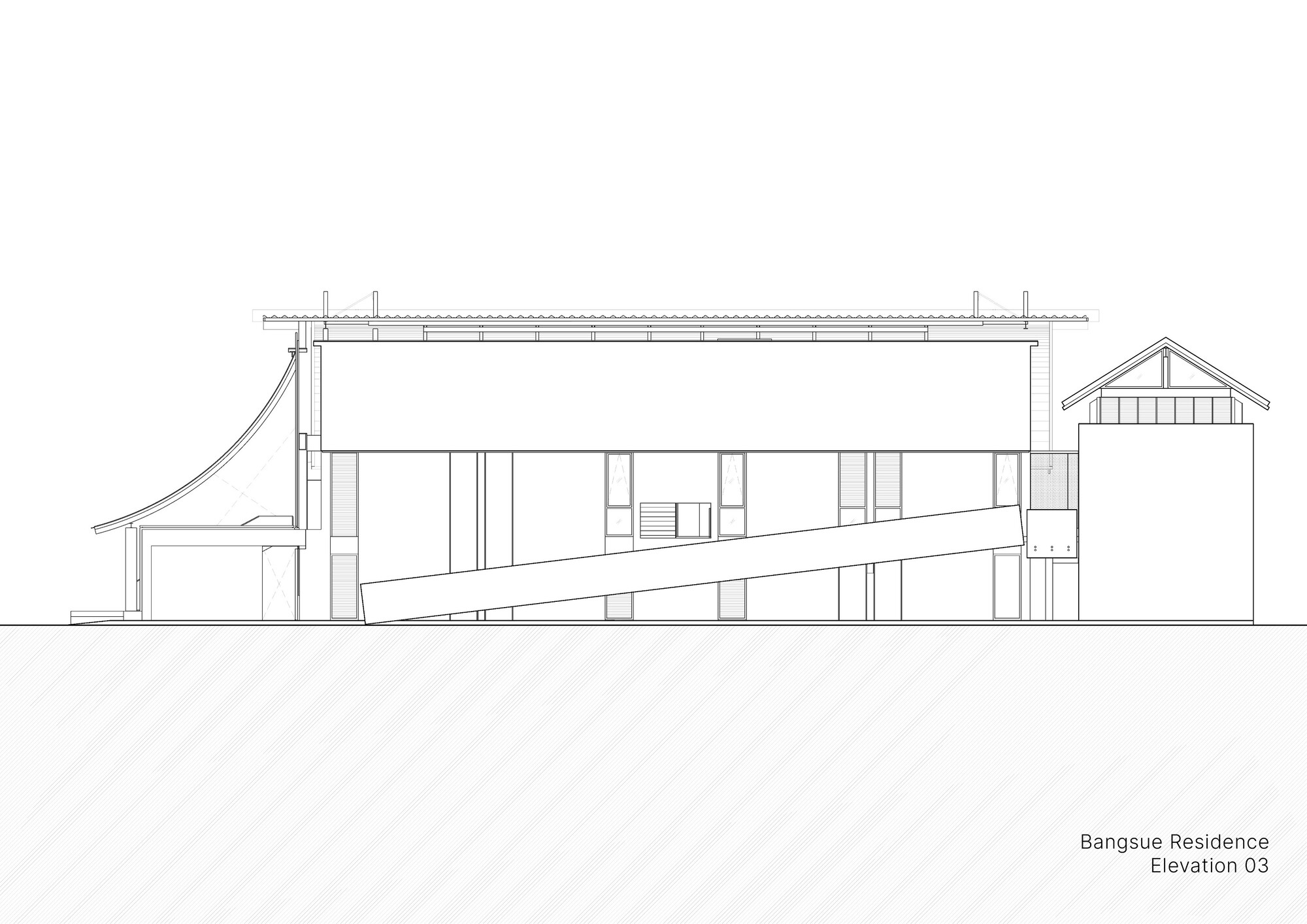 Elevation drawing revealing a curved roof element connecting to a gabled pavilion at right