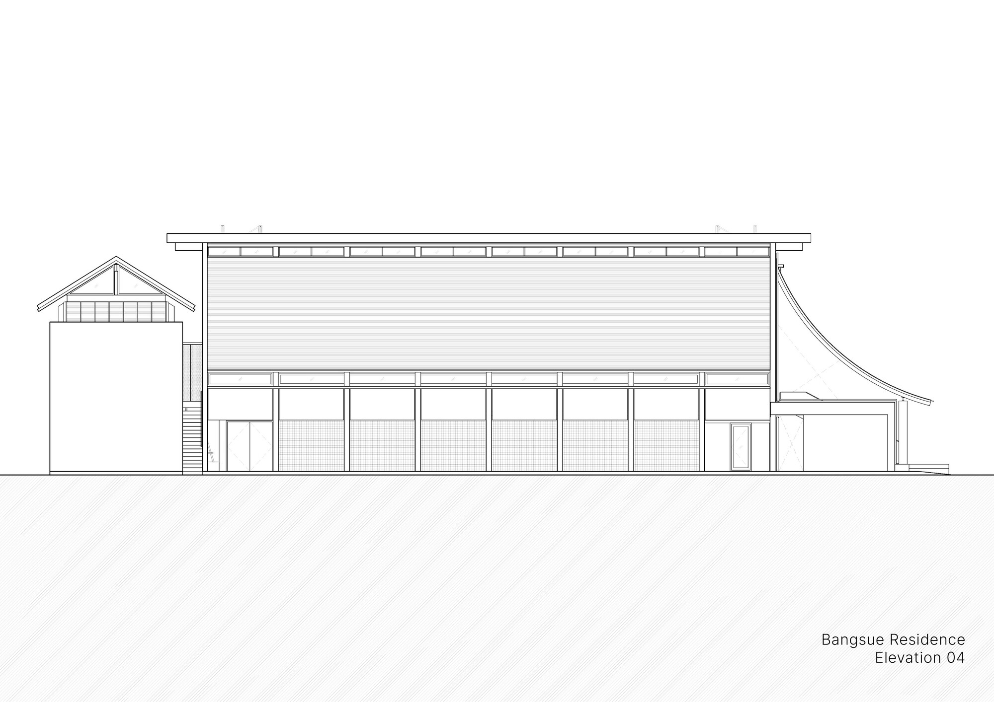Elevation drawing displaying a horizontal slatted facade with a gabled structure at left and sweeping roof at right