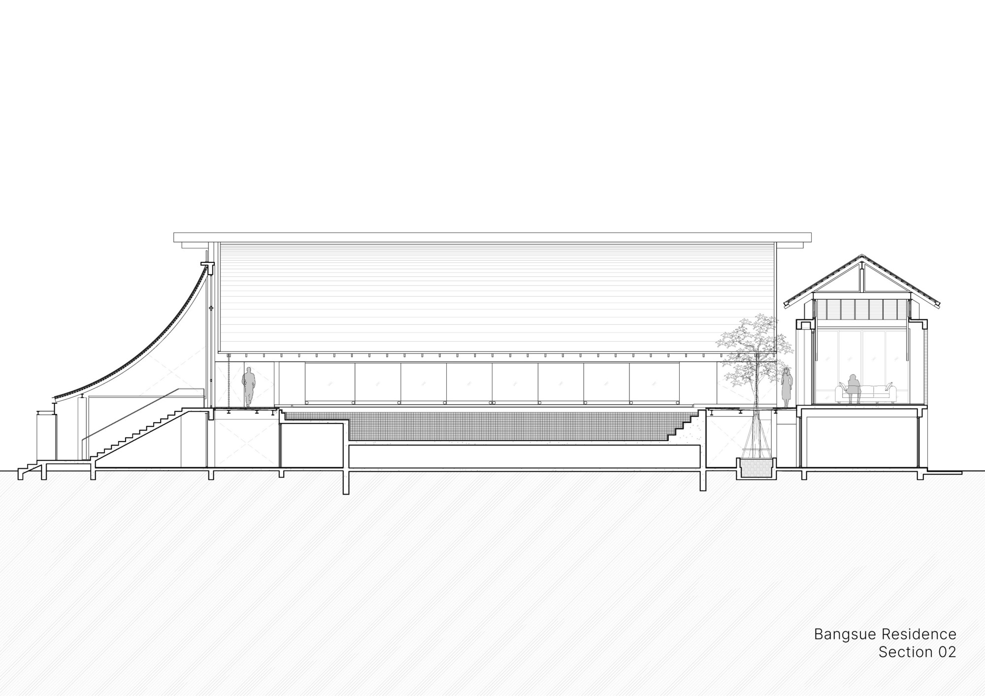 Section drawing illustrating the interior levels with a planted tree and curved roof connecting to a gabled volume