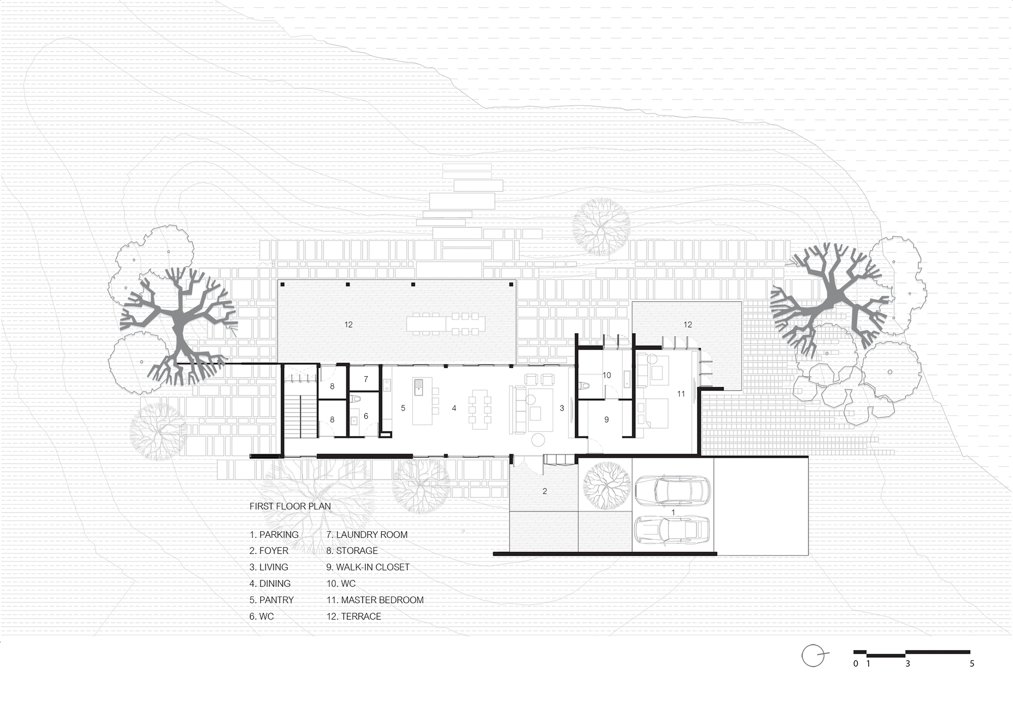 First floor plan drawing showing open living and dining spaces with terraces and surrounding trees