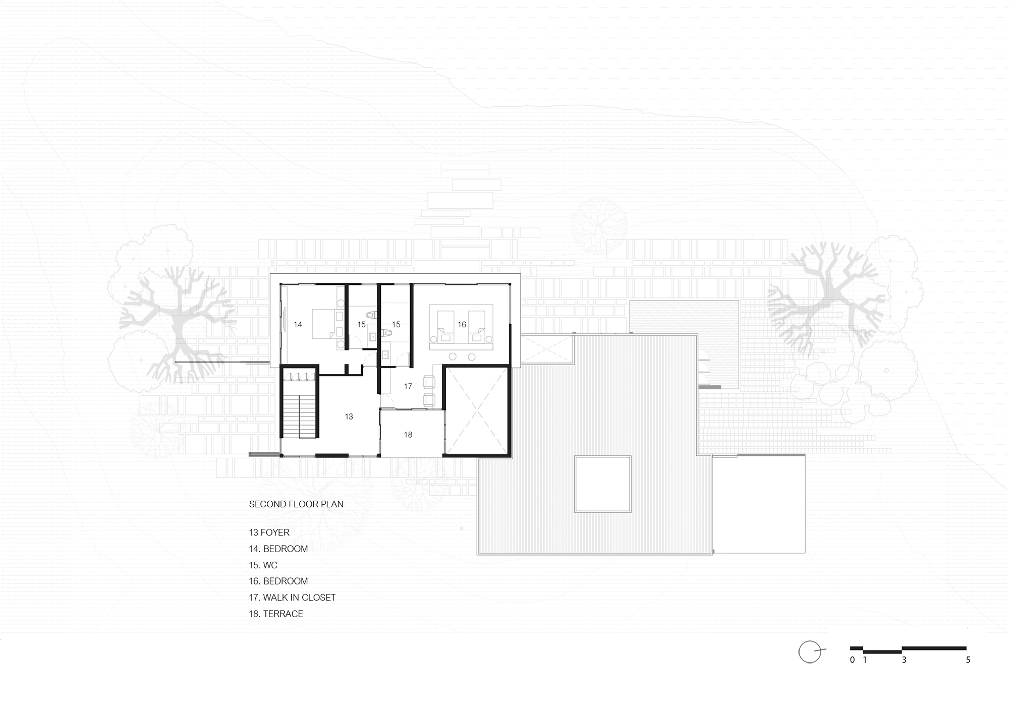 Second floor plan drawing showing bedroom zones and upper level terraces with landscape context