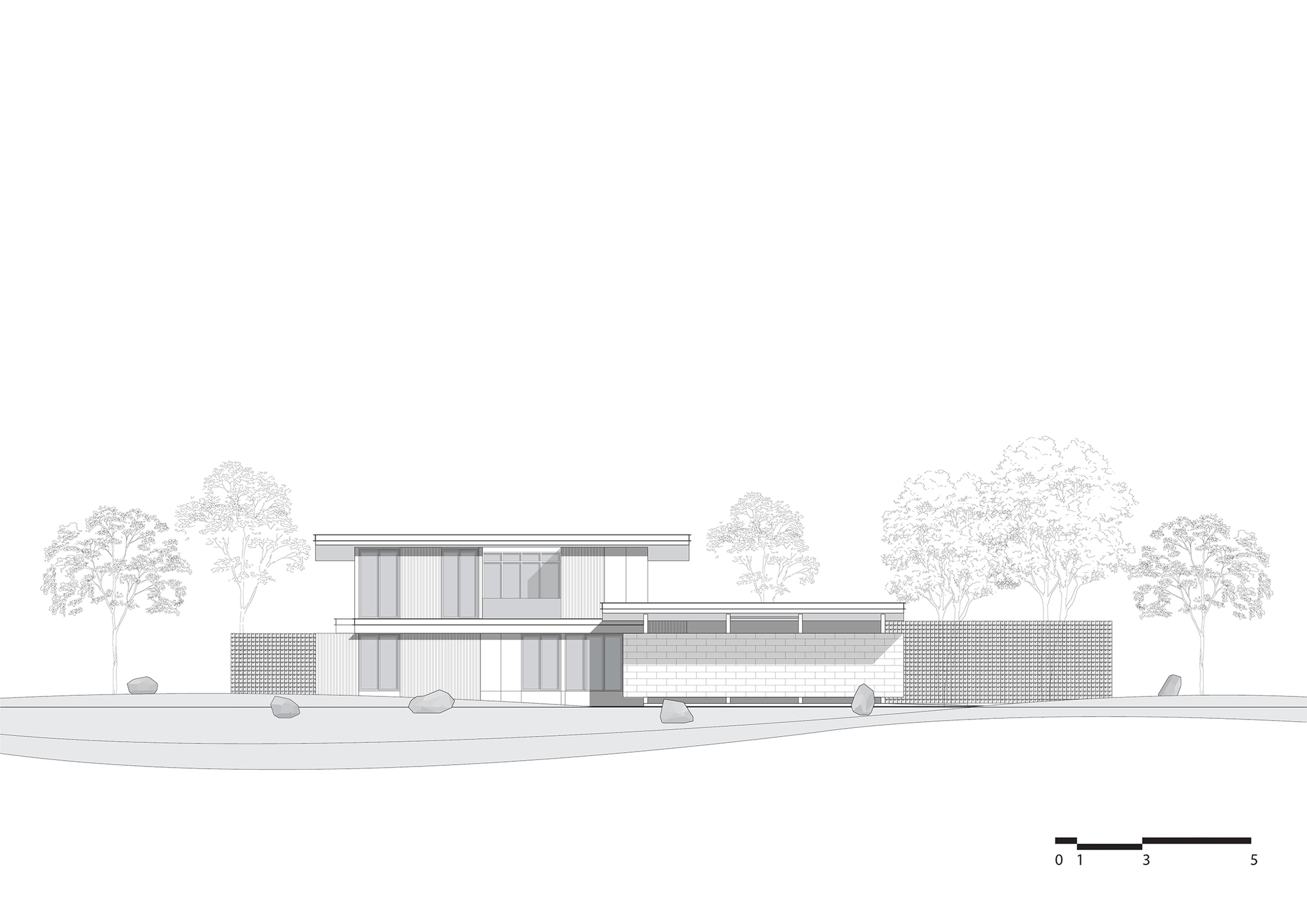 Street elevation drawing of a two-storey residence with horizontal volumes among mature trees