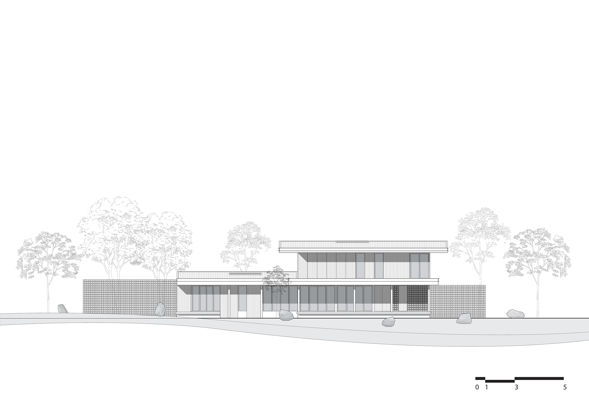 Side elevation drawing showing the layered horizontal volumes with perforated screens and landscaping