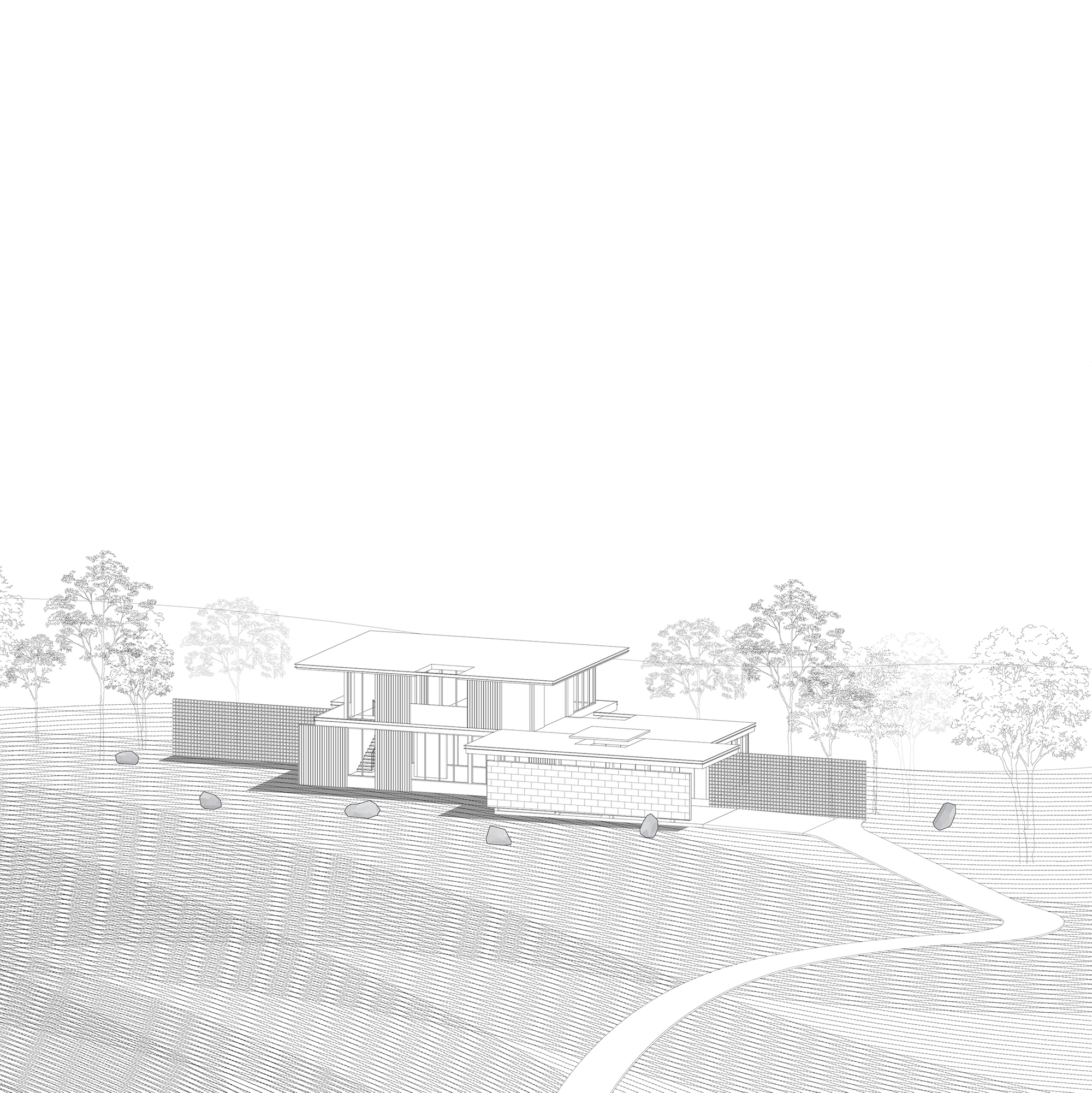 Elevation drawing showing a two-level residence on a sloping site with trees and curved driveway