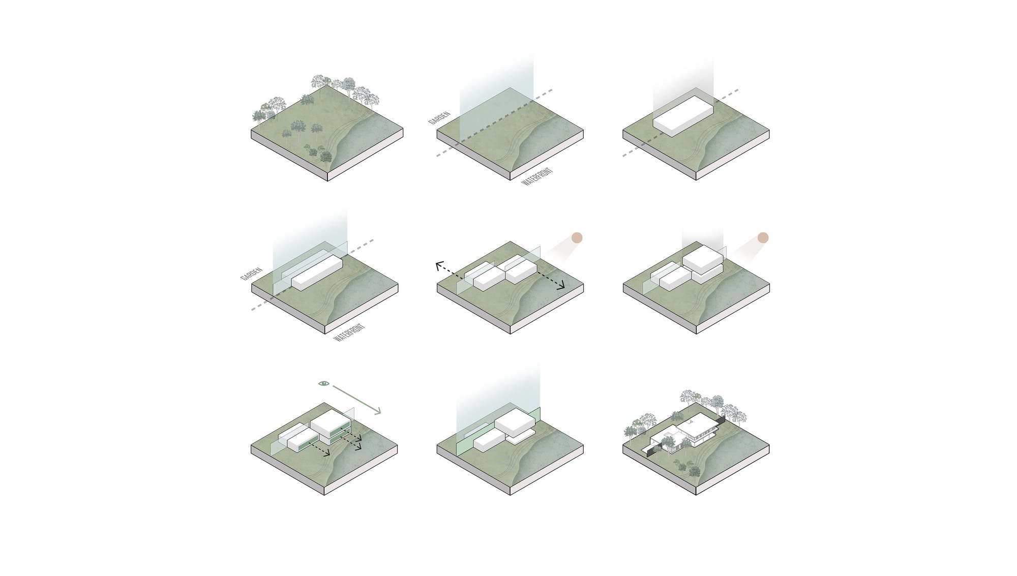 Axonometric diagram series illustrating the volumetric massing development across nine sequential steps