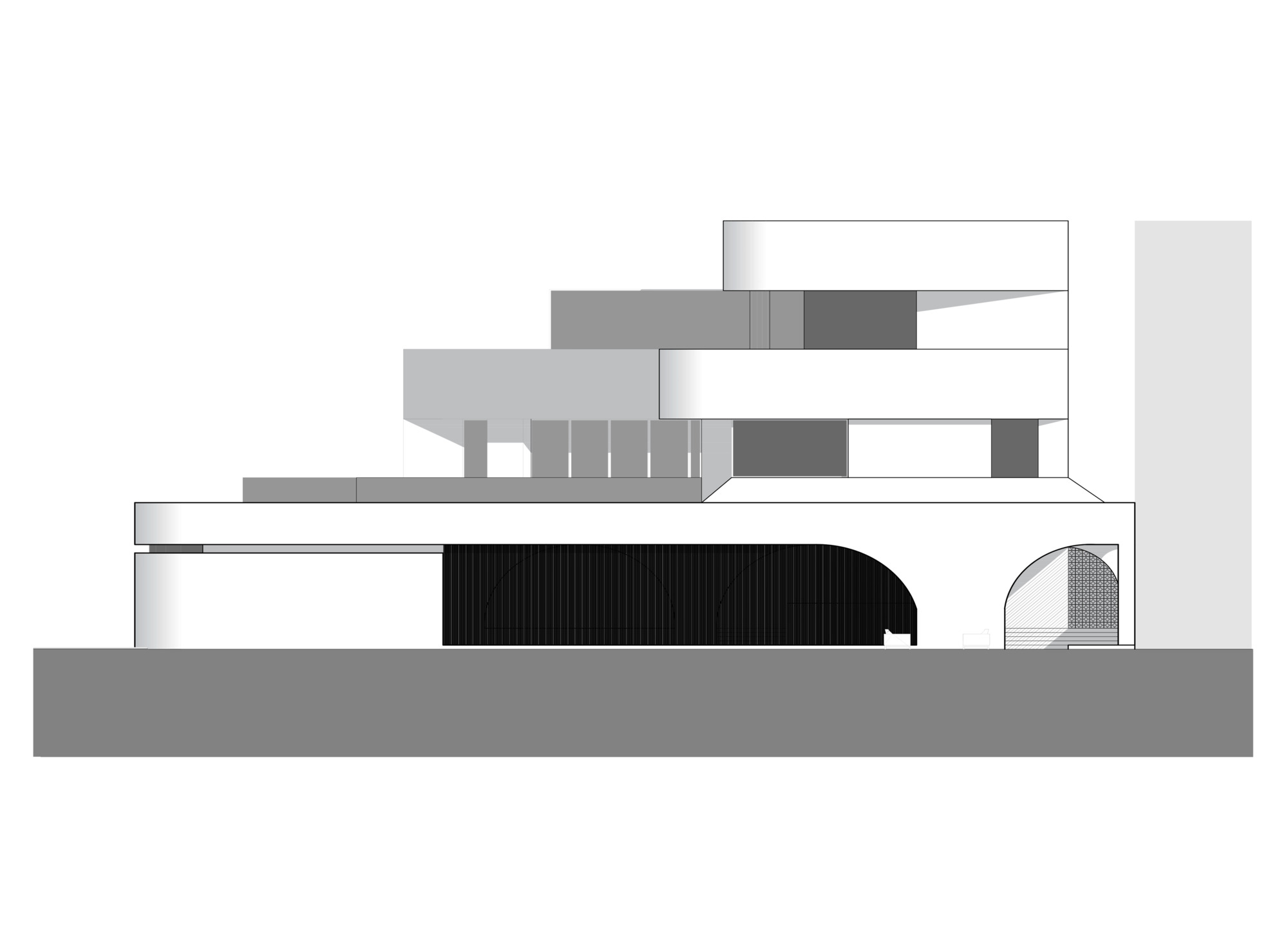 Elevation drawing showing a curved vertical louver screen and stacked volumes above ground level