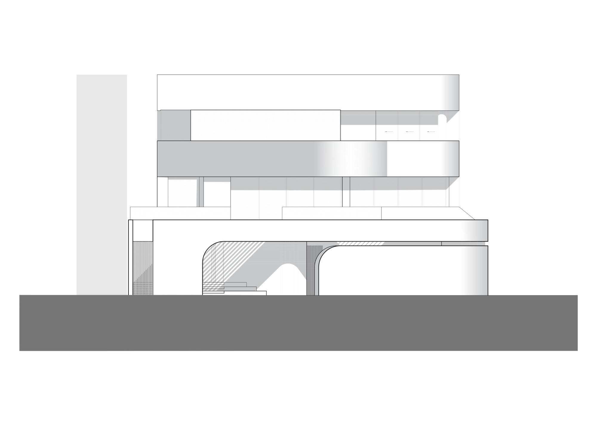Section drawing revealing stacked floor plates with a curved interior staircase and columns below
