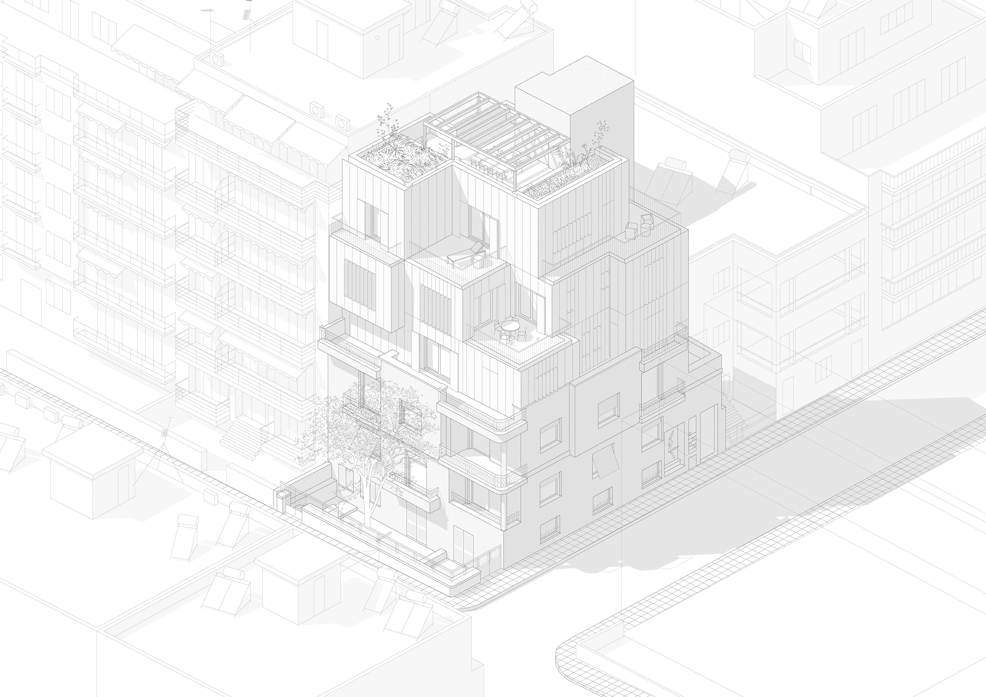 Axonometric drawing showing a terraced multi-story volume set within a dense urban block