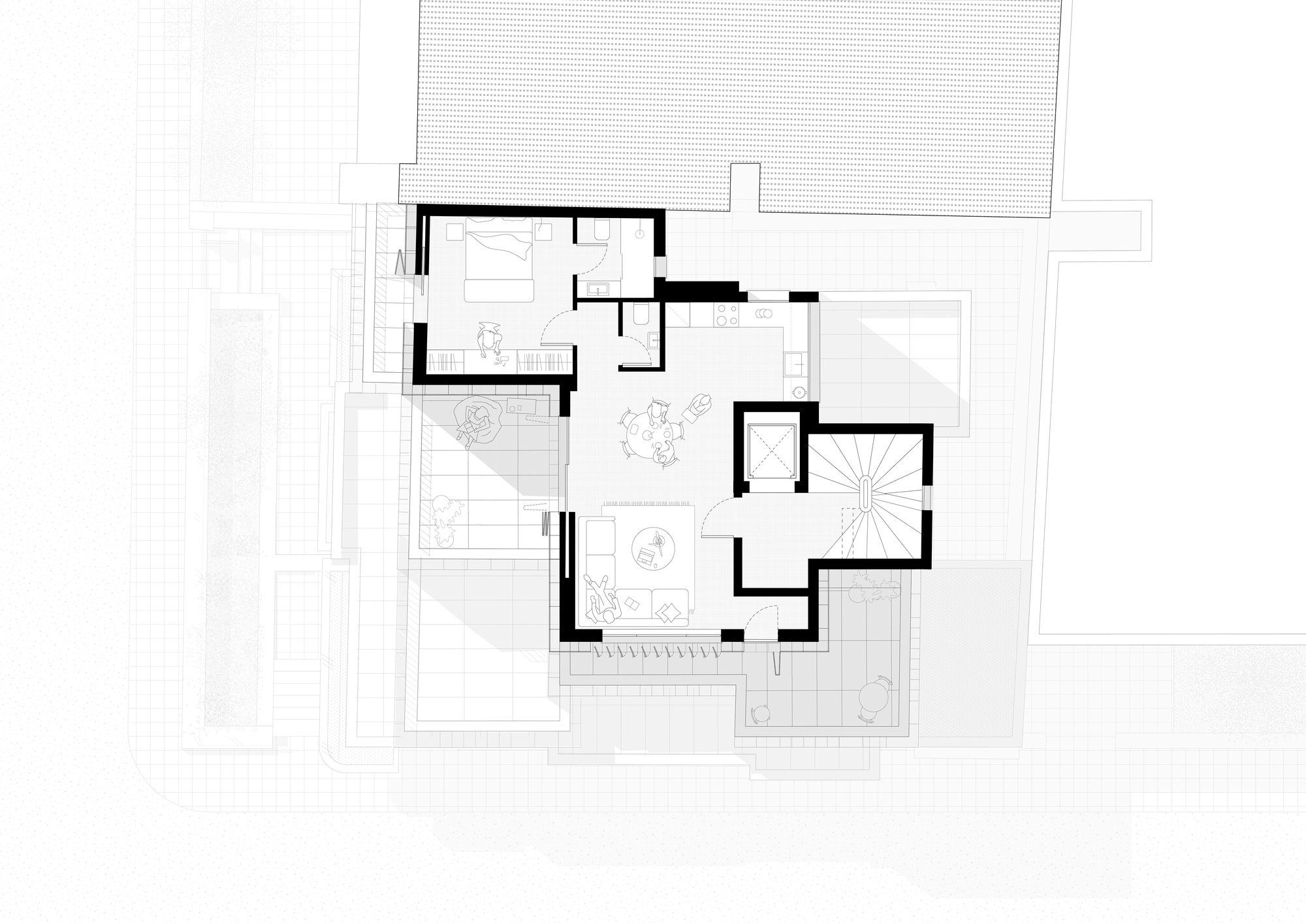 Floor plan drawing depicting bedroom level with spiral stair and planted courtyard areas