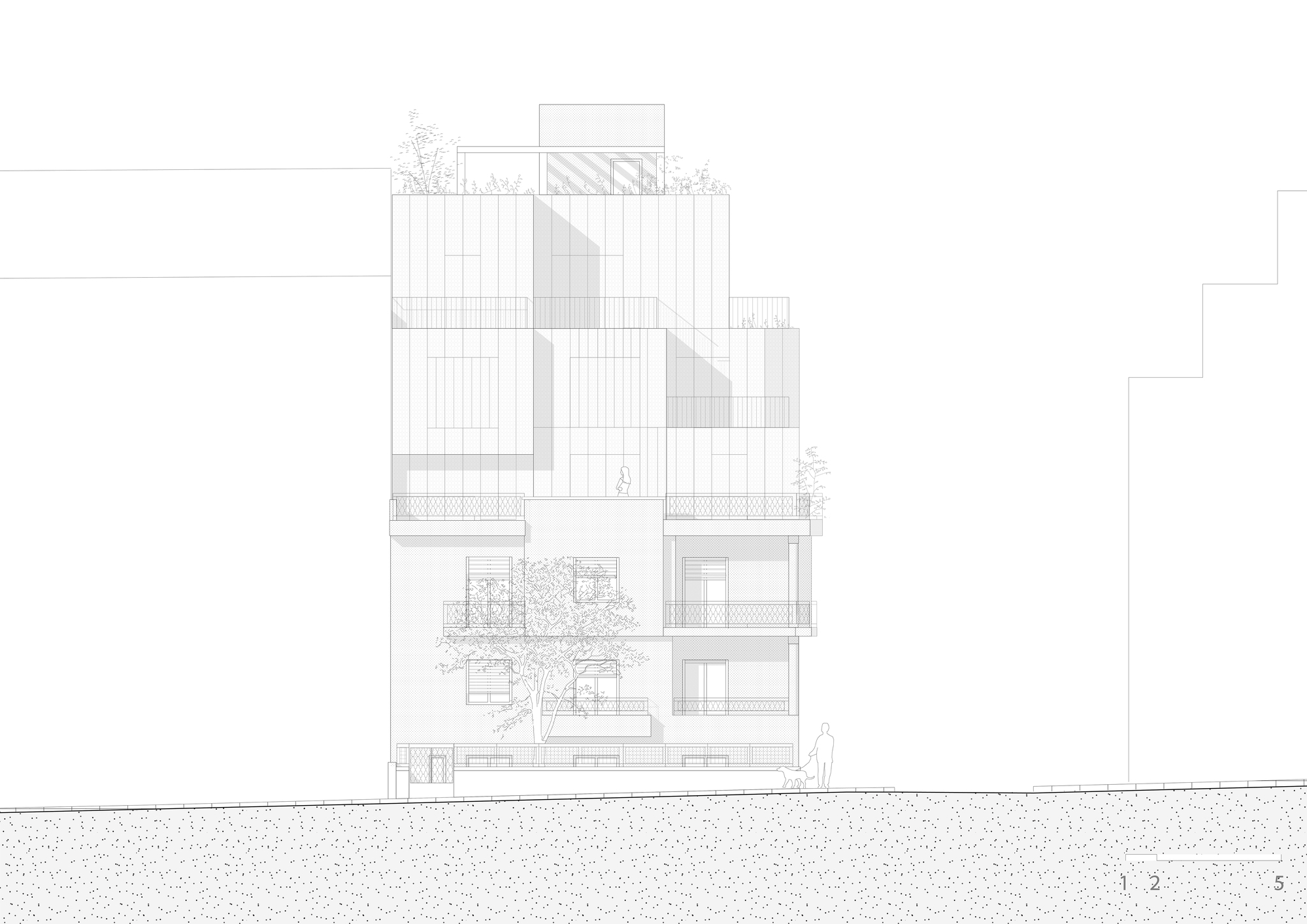 Elevation drawing of a stepped facade with vertical cladding and a figure on the street