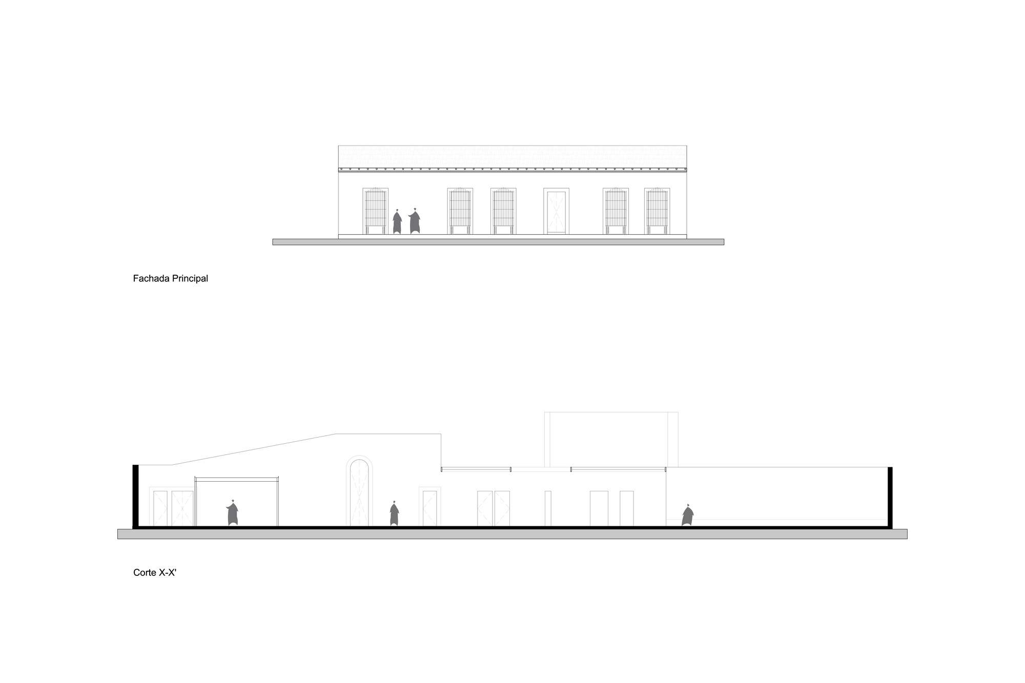 Elevation and section drawings showing a low horizontal building with doors and two standing figures