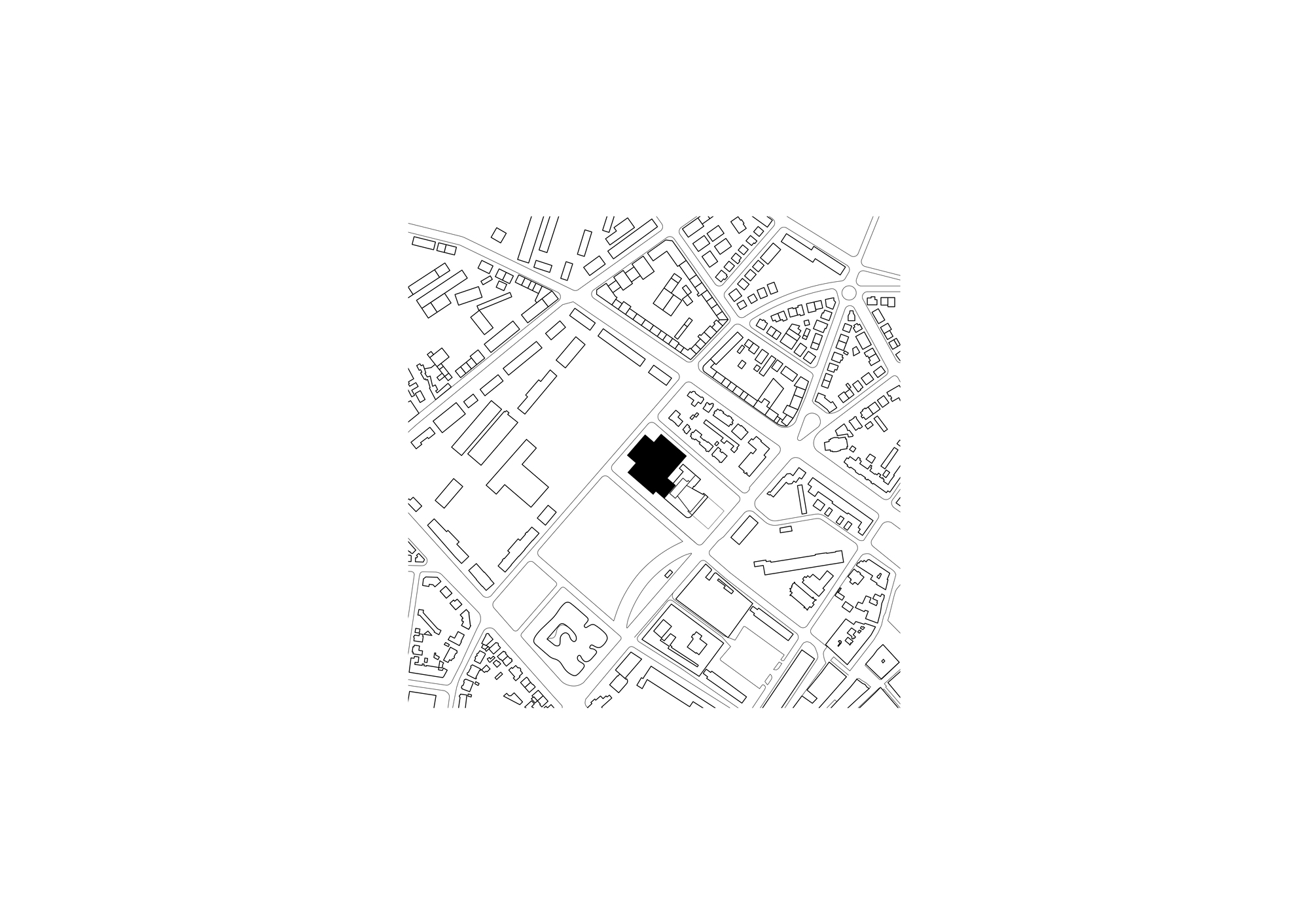 Site plan drawing showing the building footprint in black within the surrounding urban street grid