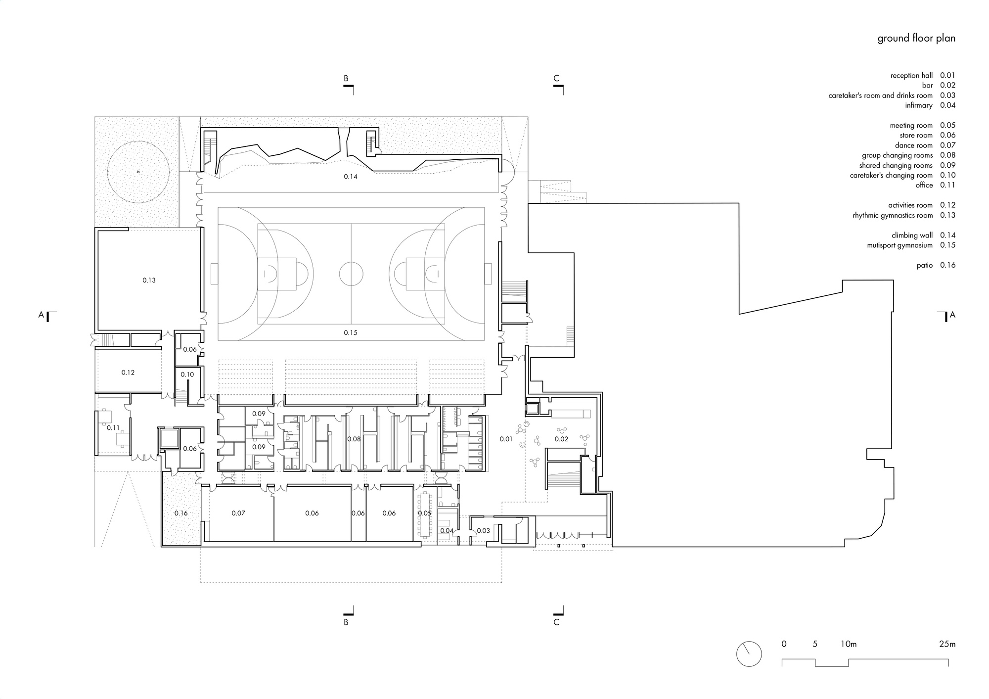 Ground floor plan drawing showing gymnasium with basketball court and adjacent support spaces