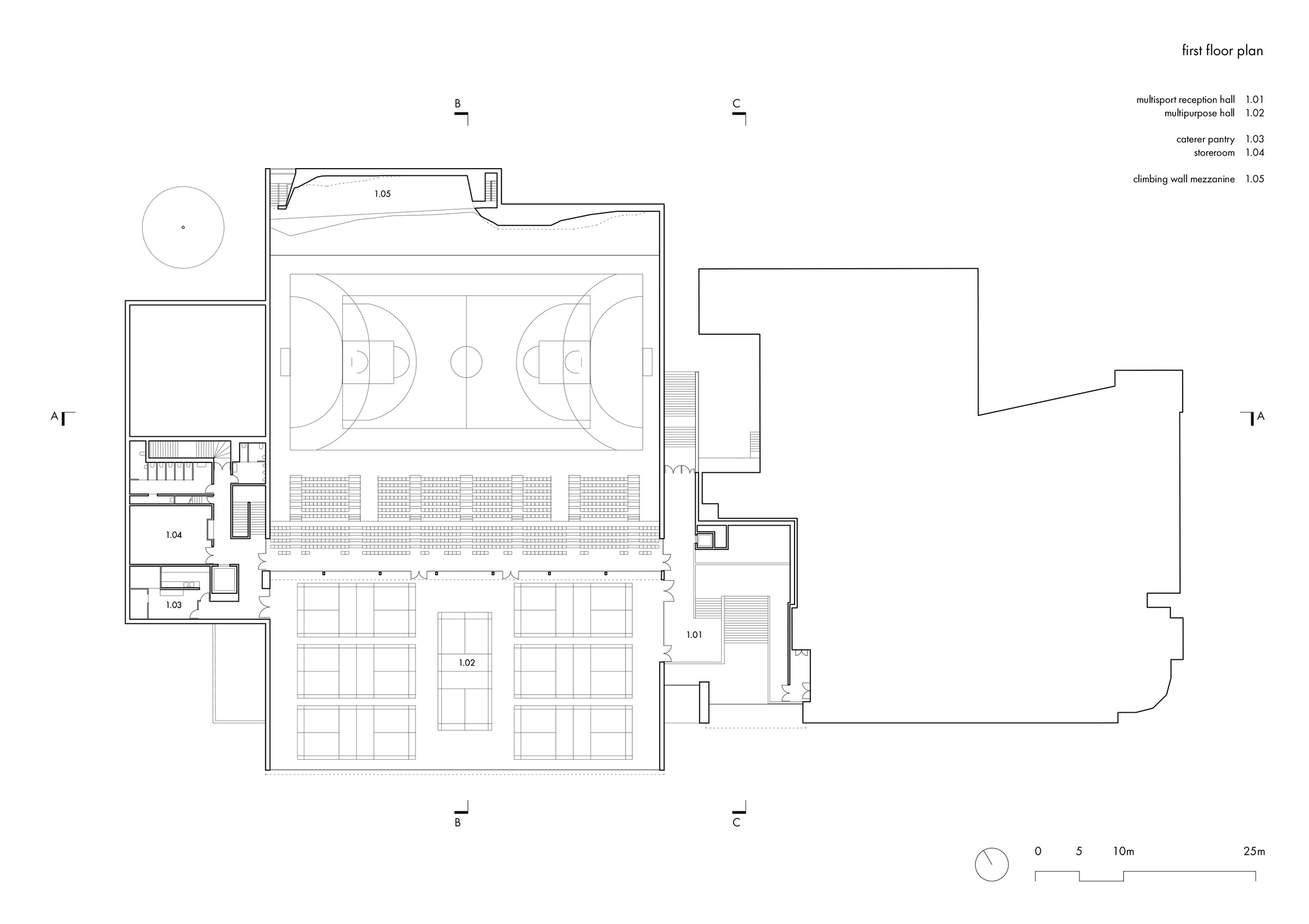 First floor plan drawing showing a gymnasium court with bleacher seating and adjacent support spaces