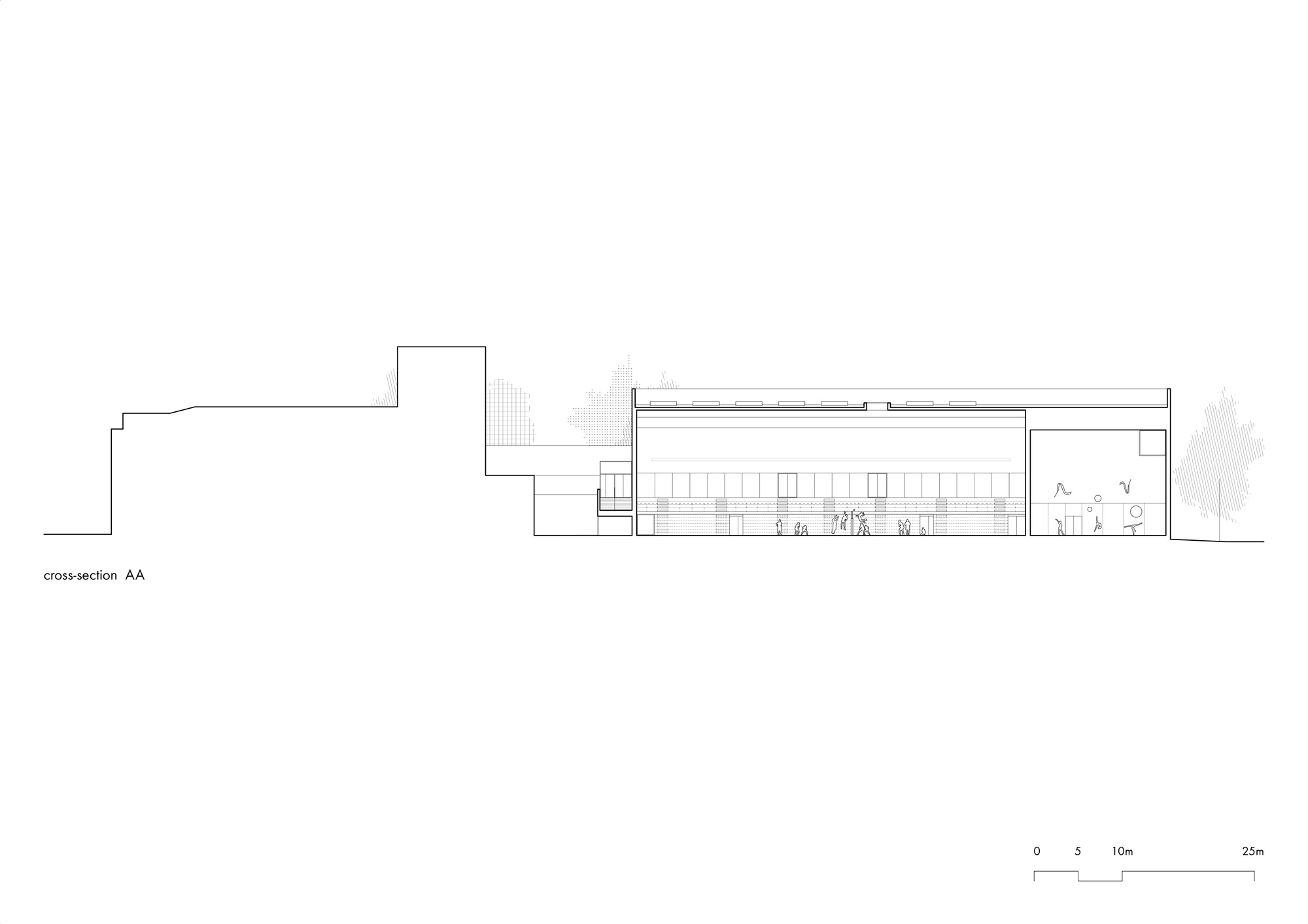 Cross-section drawing showing the interior volume of the gymnasium with spectator seating and adjacent building mass