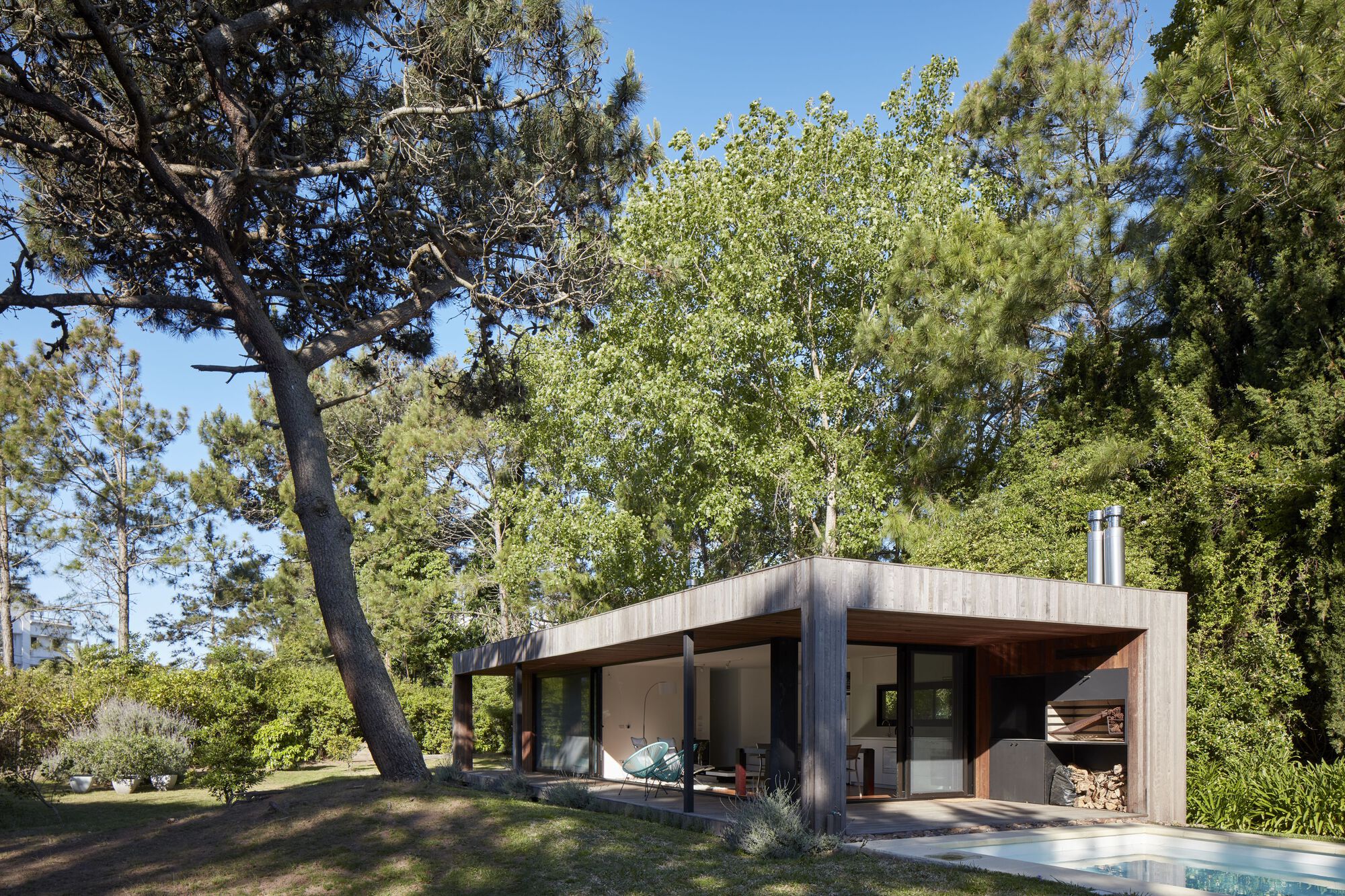 Side elevation showing cantilevered roof and continuous glazed openings between vertical timber fins