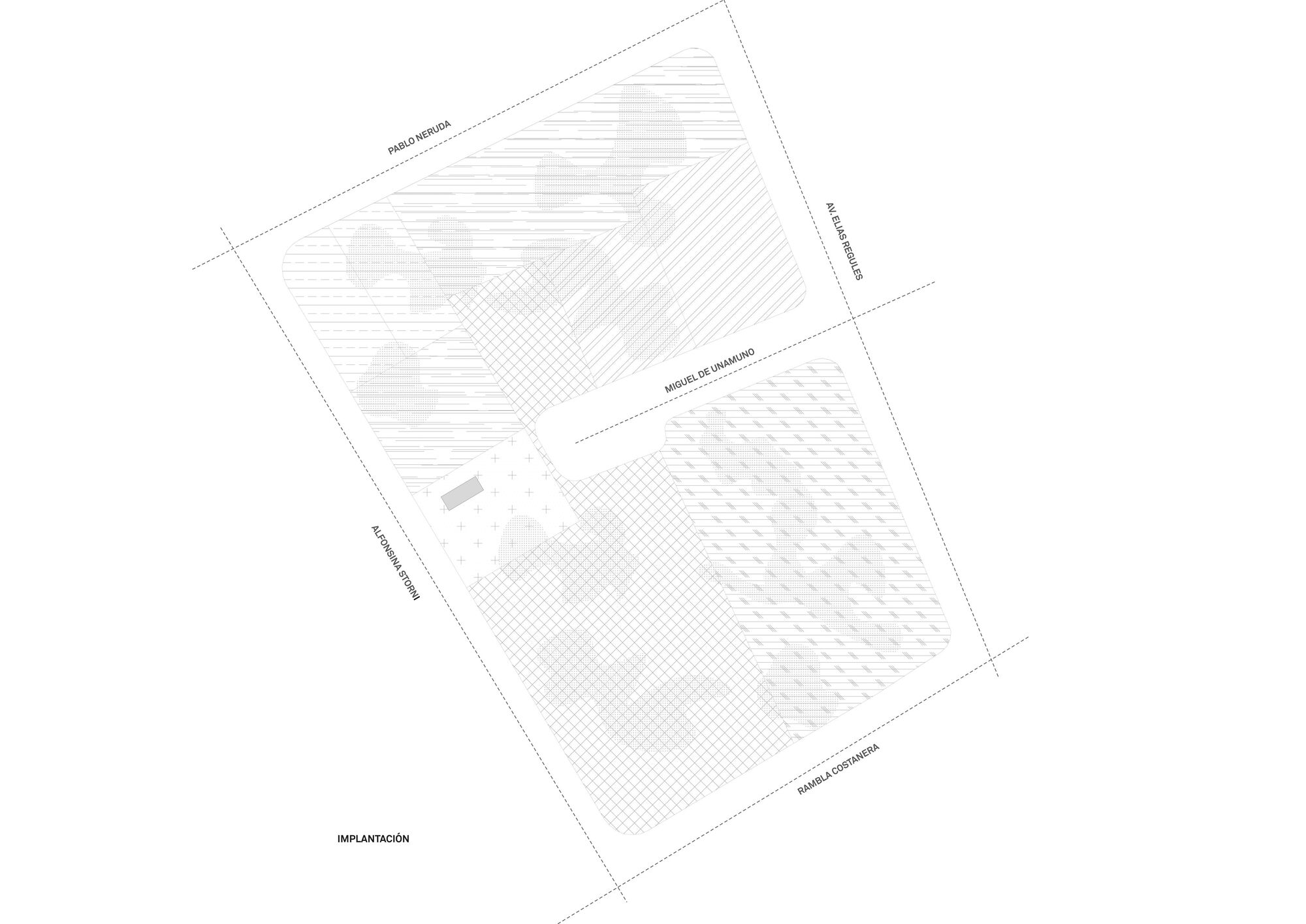 Site plan drawing showing building footprint and paving patterns on a sloped rectangular lot