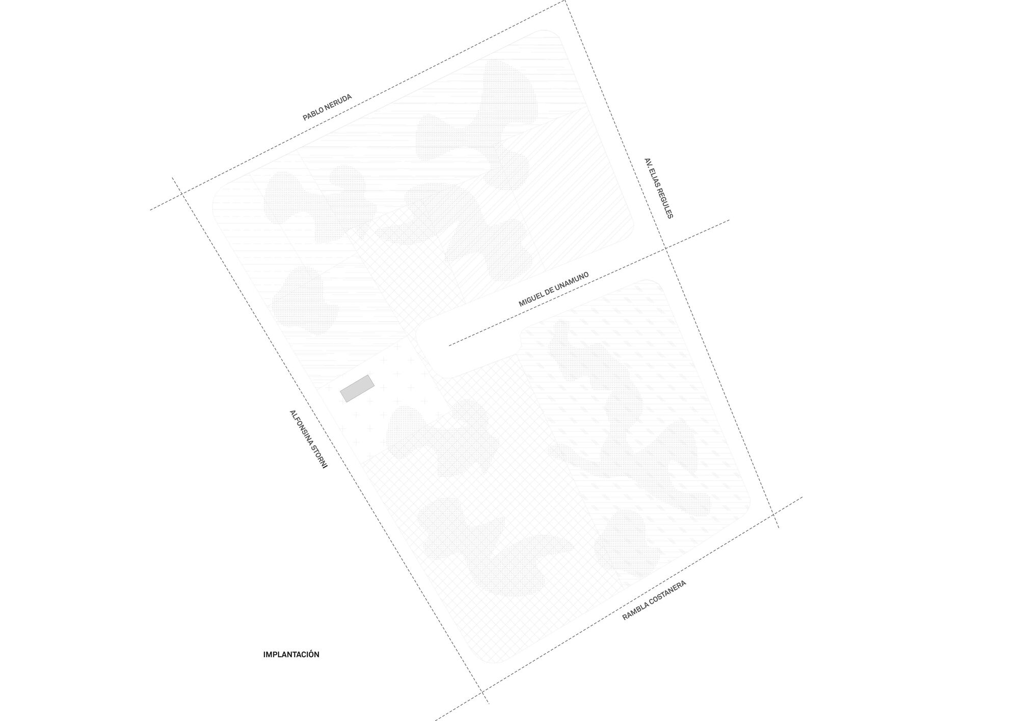 Site plan drawing showing building footprint and landscape zones with varied surface treatments