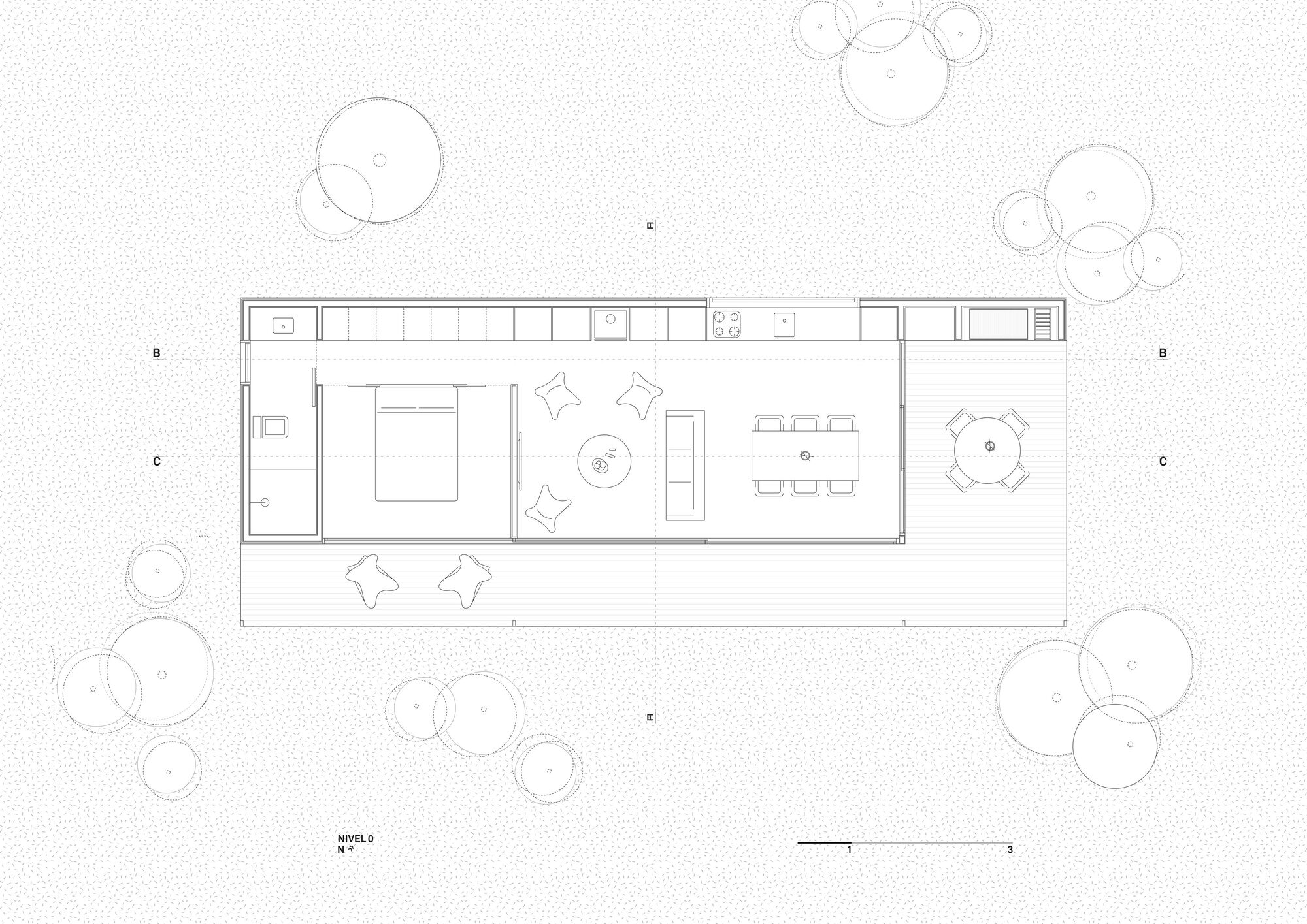 Floor plan drawing showing linear layout with bedroom, living, dining and outdoor deck surrounded by trees