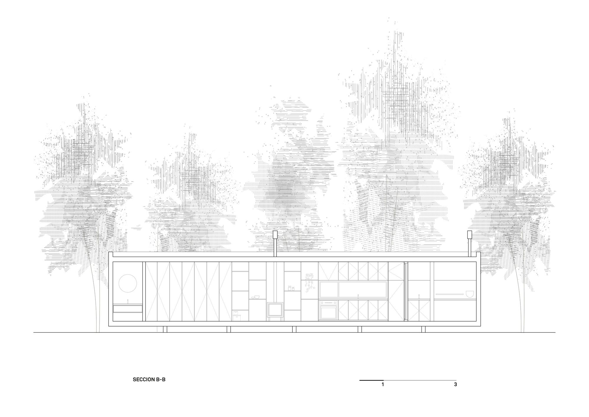 Section drawing showing longitudinal view through building with vertical slat facade and surrounding trees