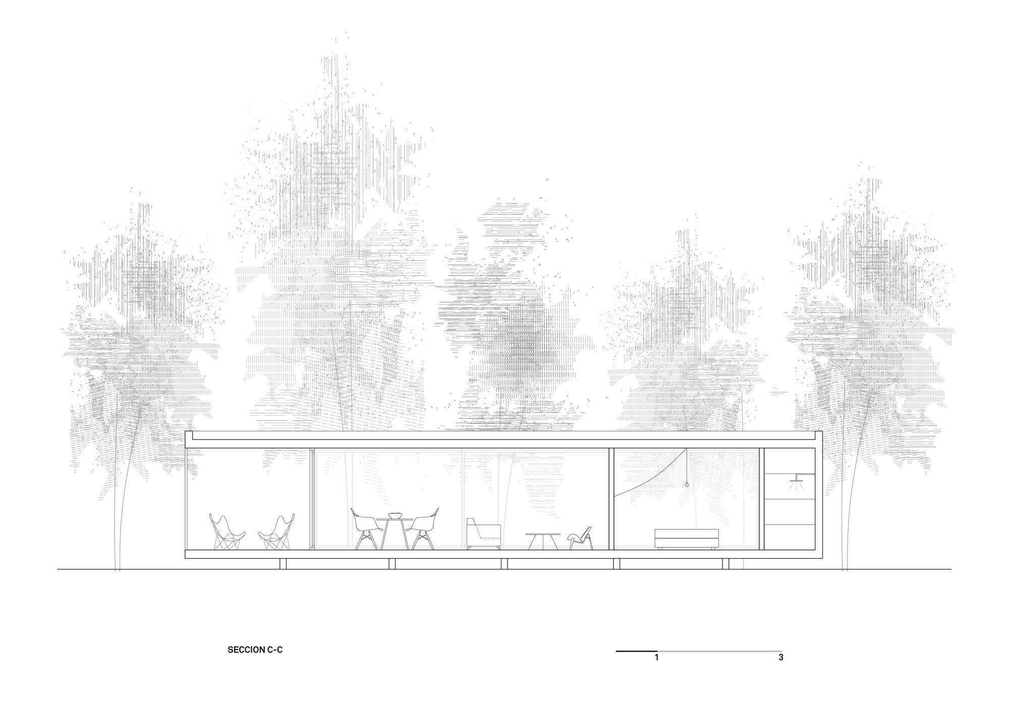 Section drawing showing interior spaces with furniture beneath a flat roof surrounded by rendered trees