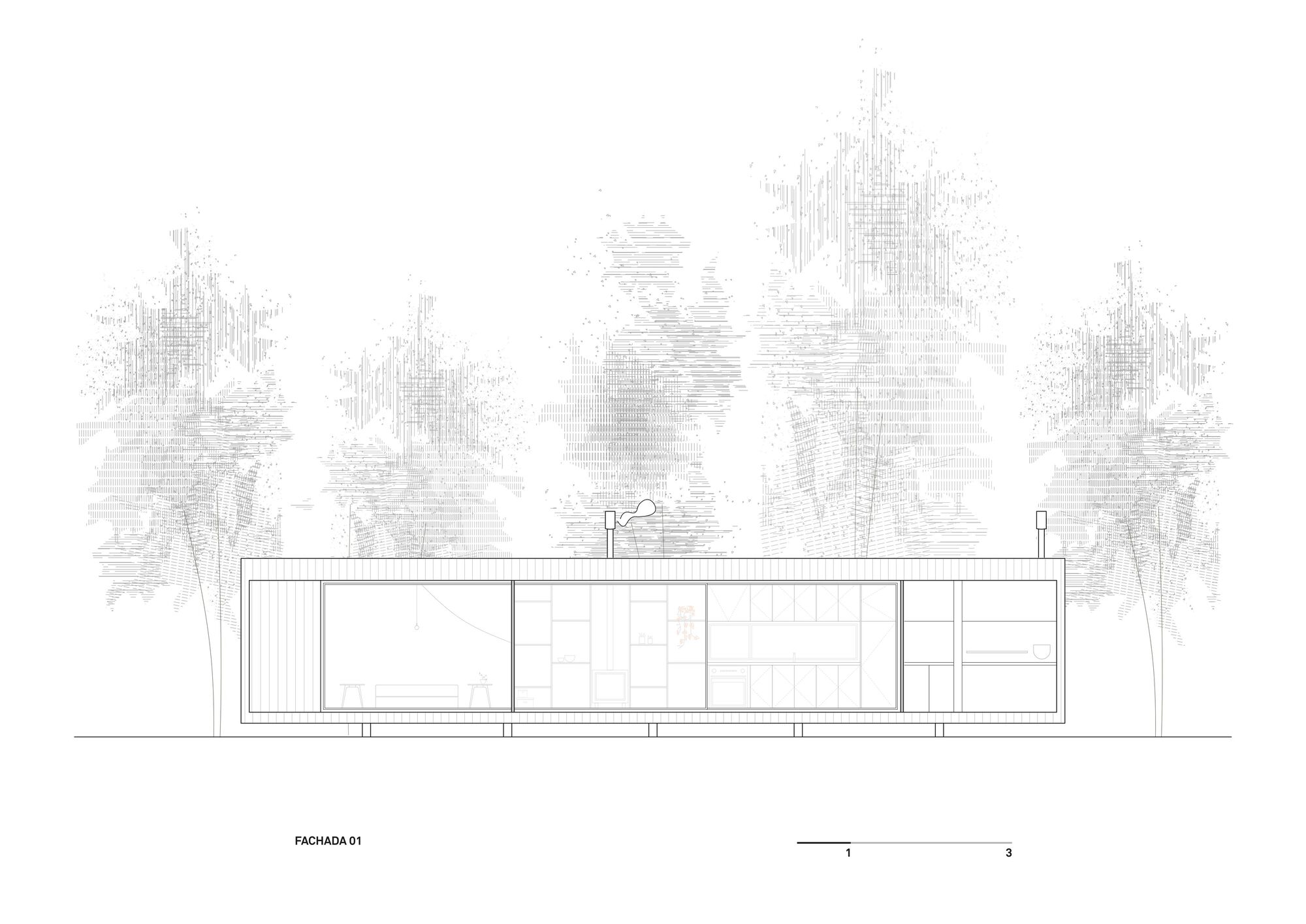 Elevation drawing of a low rectangular volume with vertical cladding and full-height glazing among trees