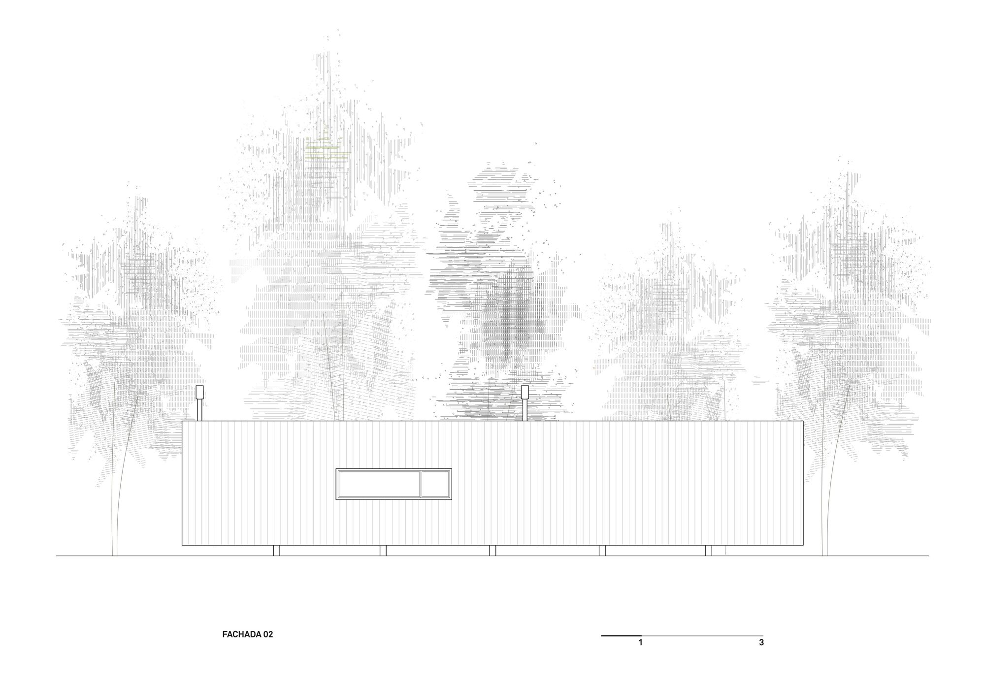 Elevation drawing showing a horizontal ridged facade with a single window opening and tall trees behind
