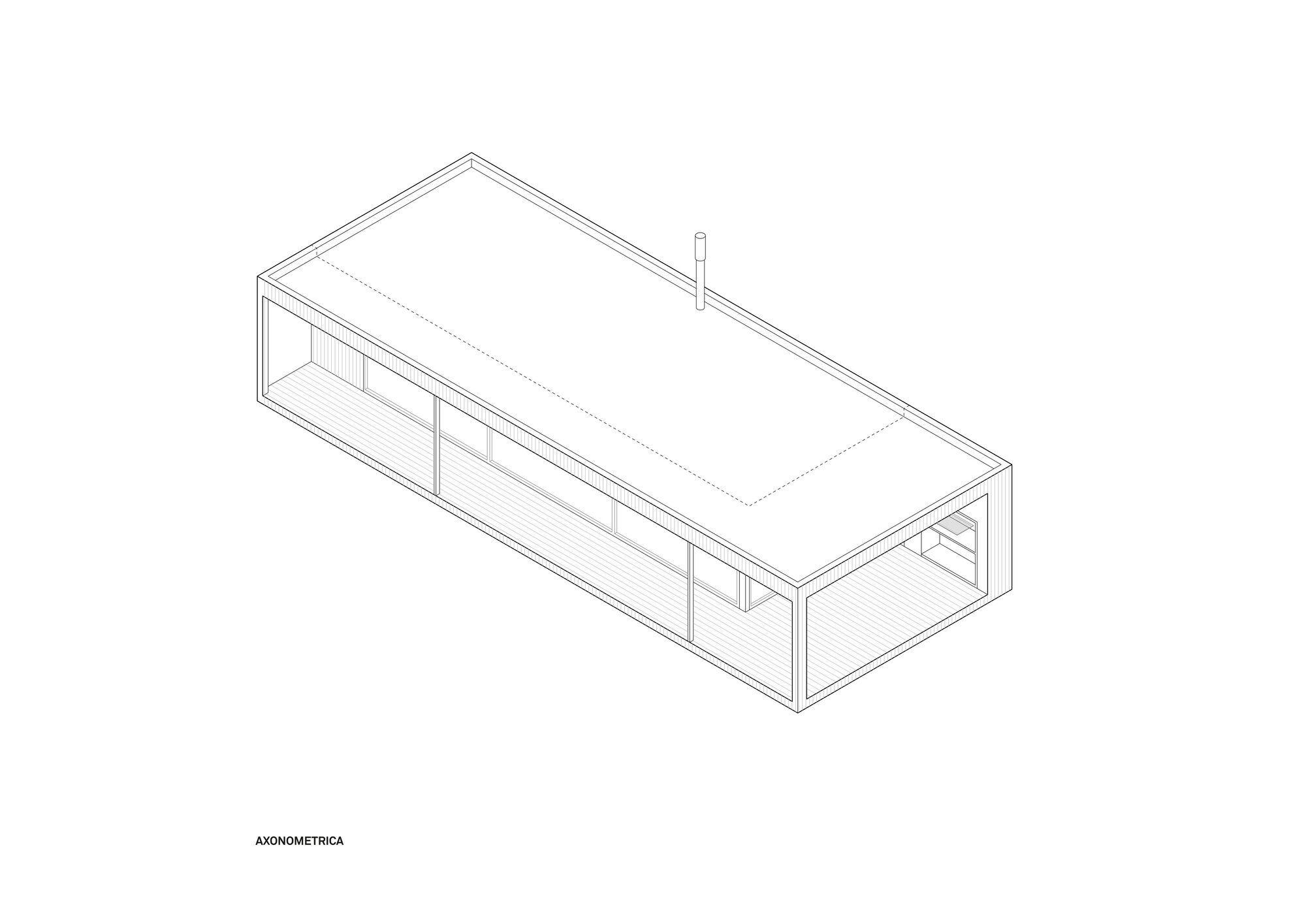 Axonometric drawing of a rectangular pavilion with pitched roof and glass walls on two sides