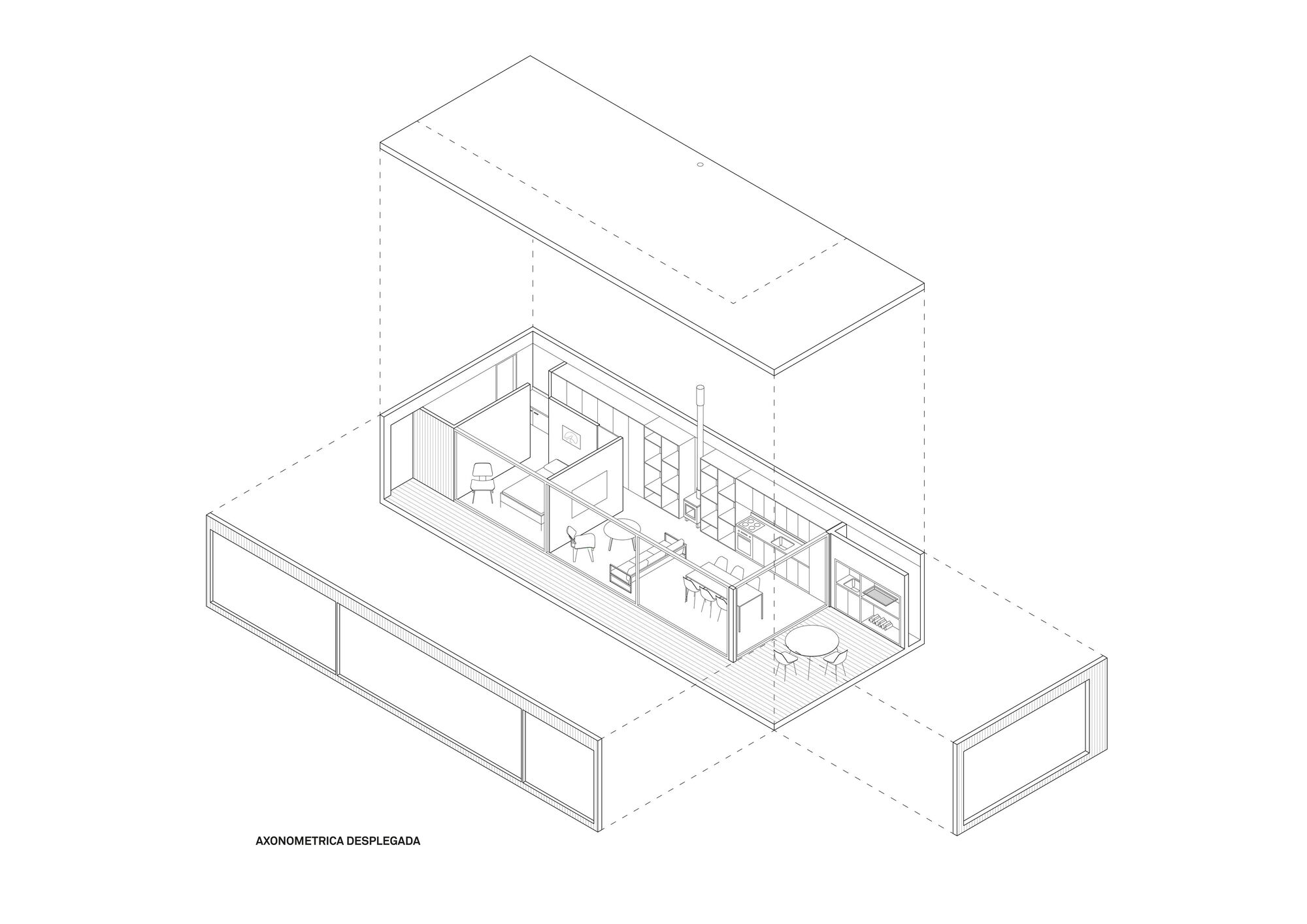 Exploded axonometric drawing revealing the interior layout with living and kitchen areas between two volumes