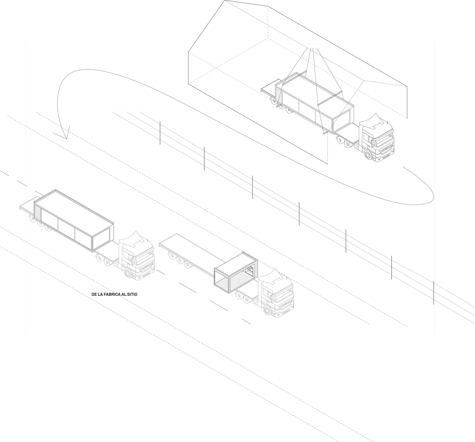 Isometric drawing showing modular building components arriving on flatbed trucks beneath a curved canopy structure