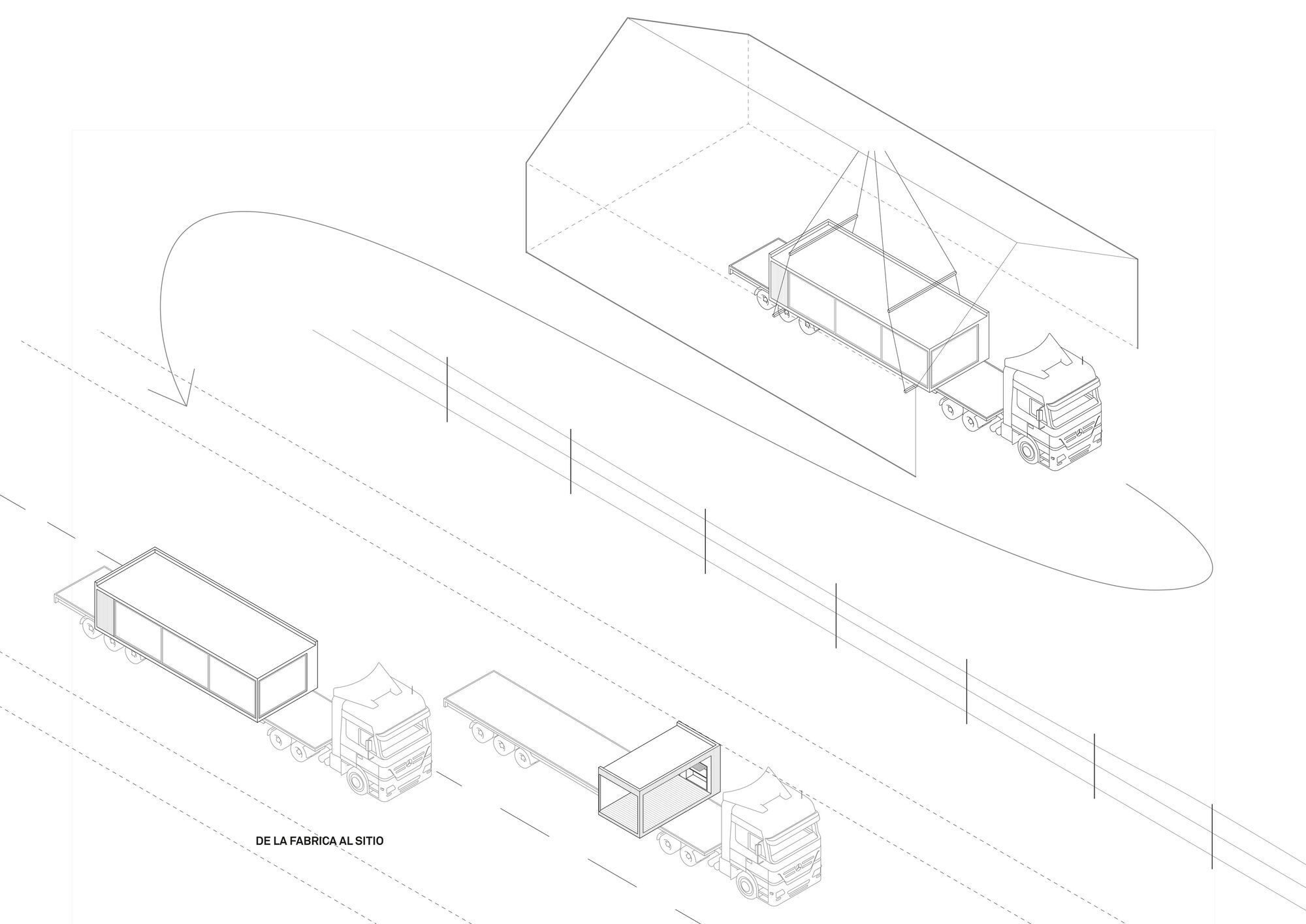 Isometric drawing depicting the assembly sequence of prefabricated modules being transported and positioned on site