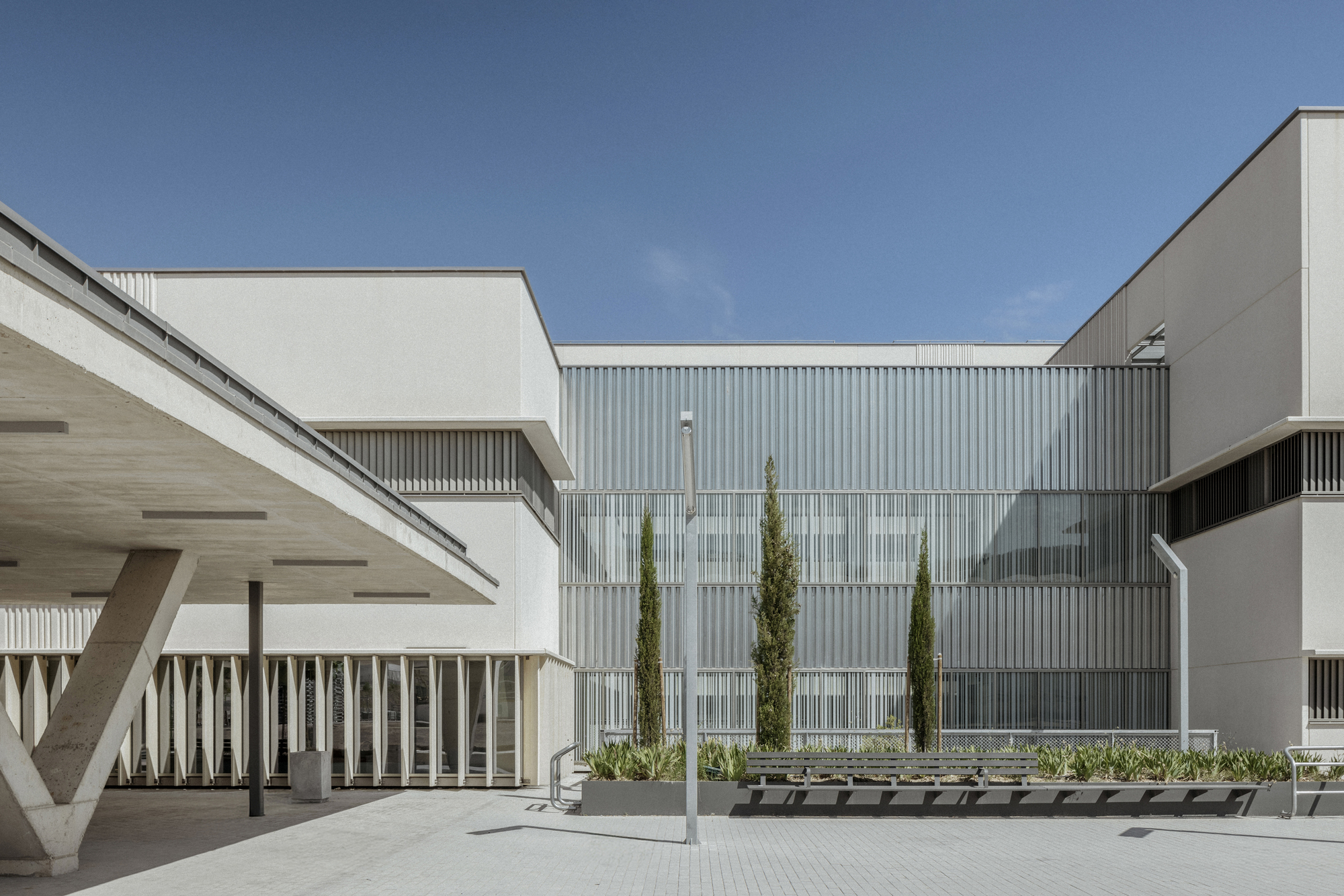 Courtyard with corrugated metal facade, vertical slat screening, planted beds with cypress trees, and concrete benches