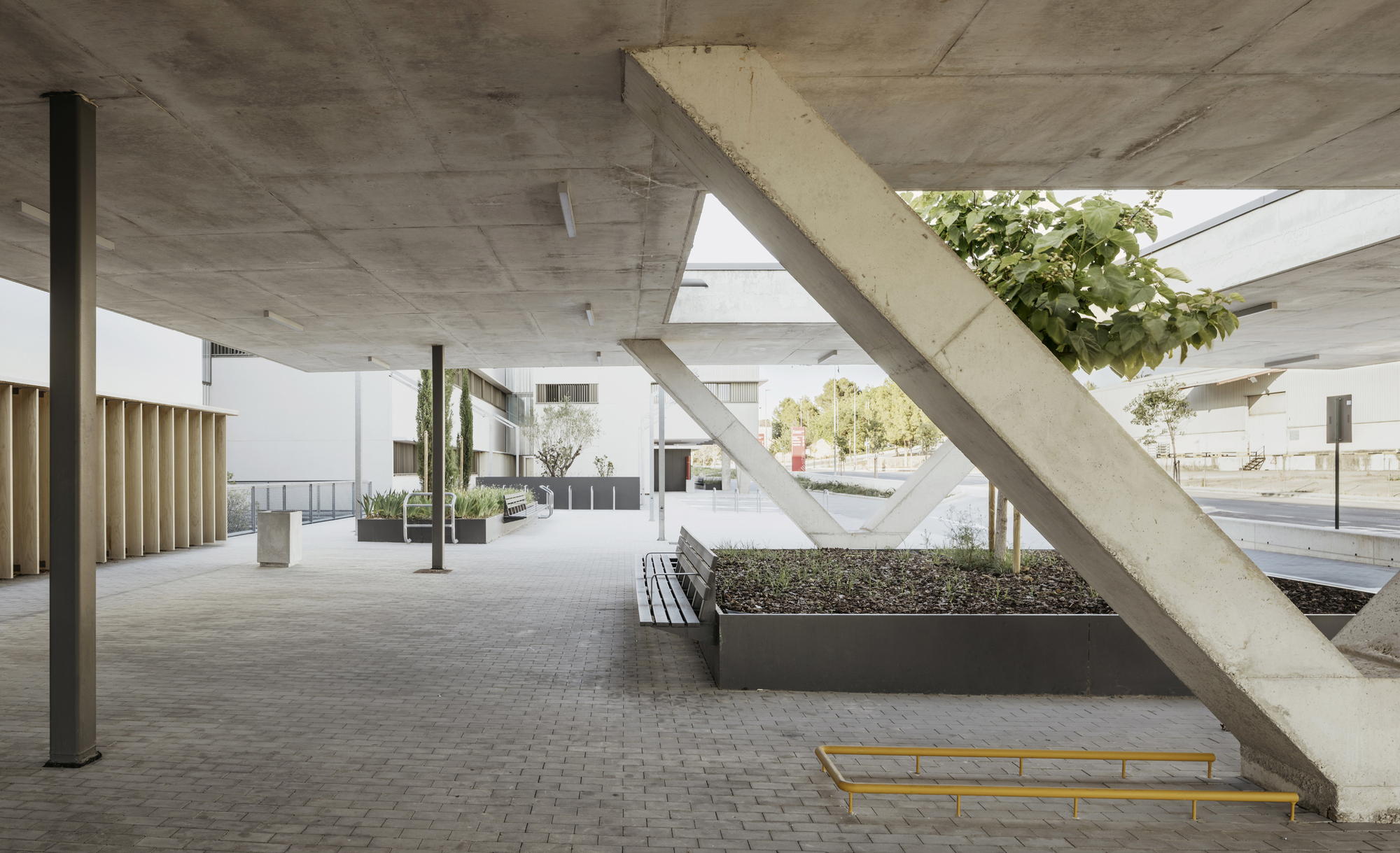 Covered porch with diagonal concrete columns, planted beds, benches, and board-formed concrete ceiling