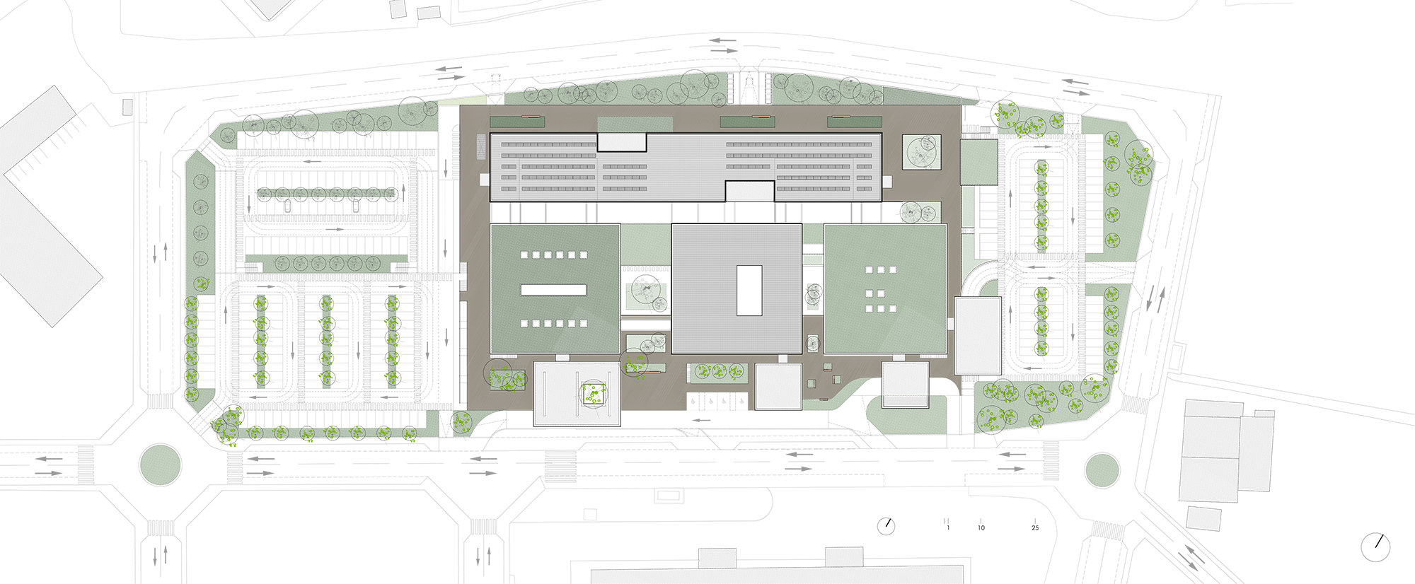 Site plan drawing showing the building complex with courtyards, parking areas and surrounding street trees
