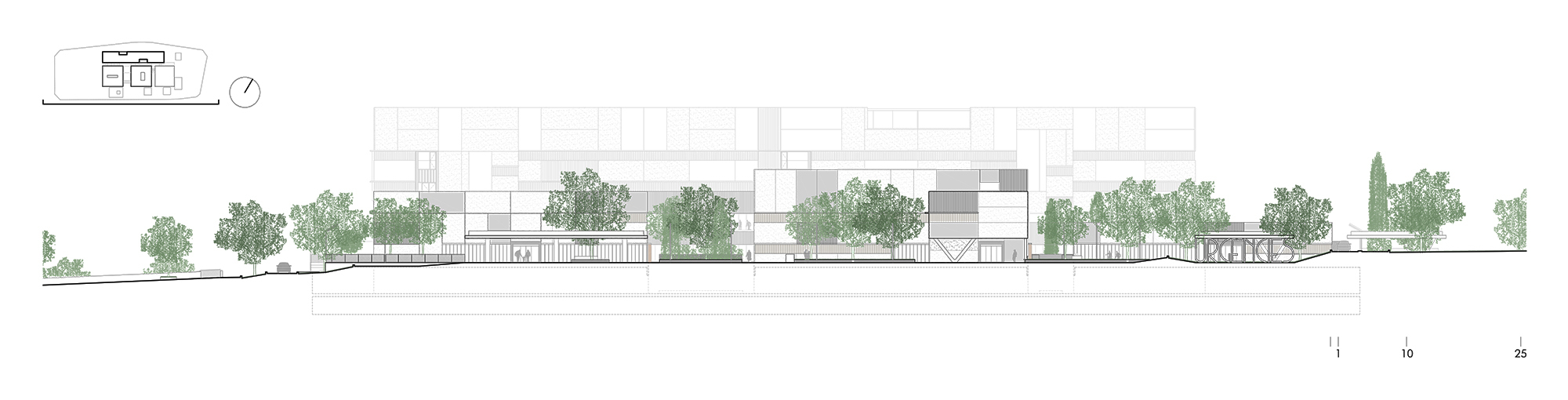 Elevation drawing showing rectangular building volumes with rooftop trees distributed along the horizontal composition