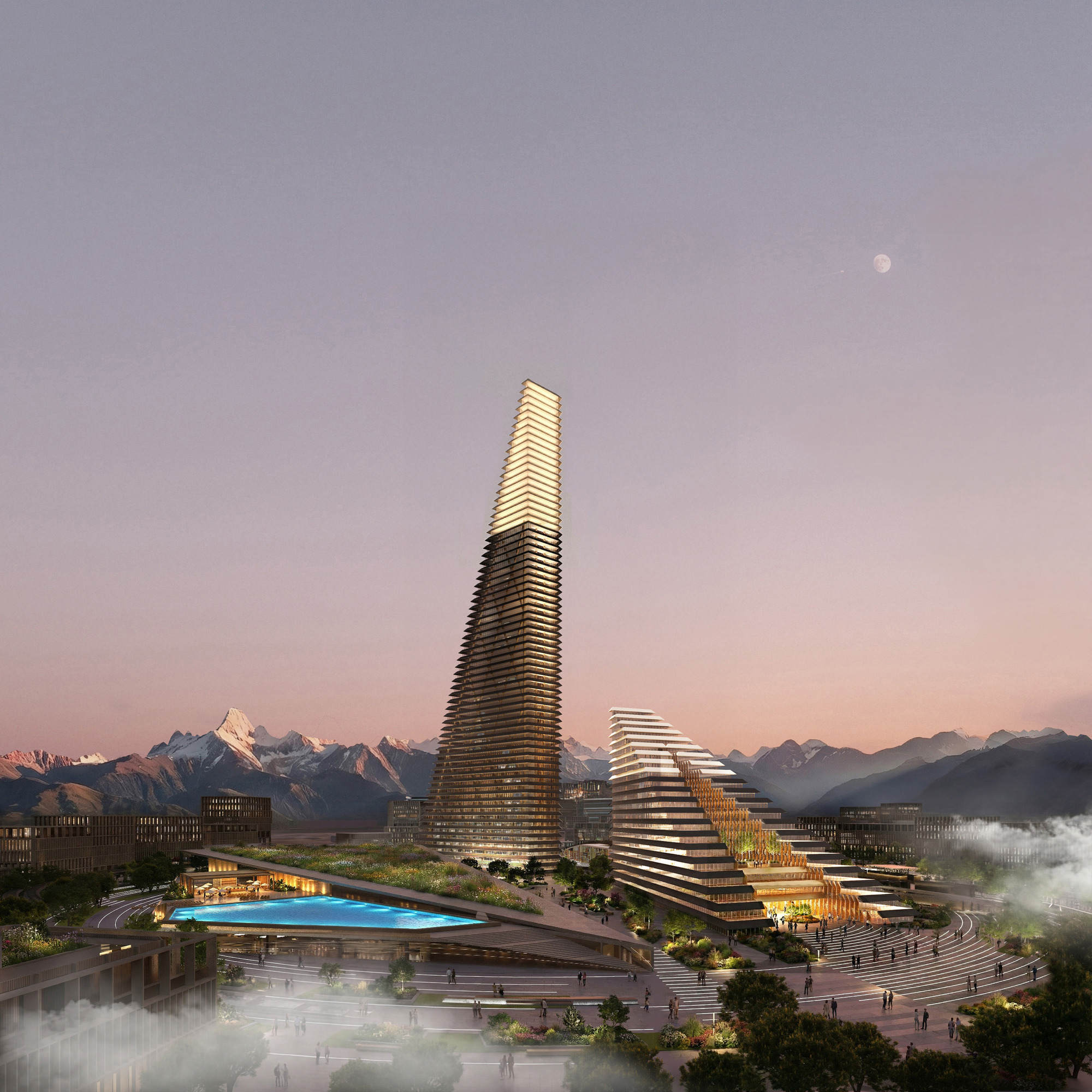 Aerial rendering of a spiraling tower and stepped volumes beside a waterfront plaza at dusk with moon visible