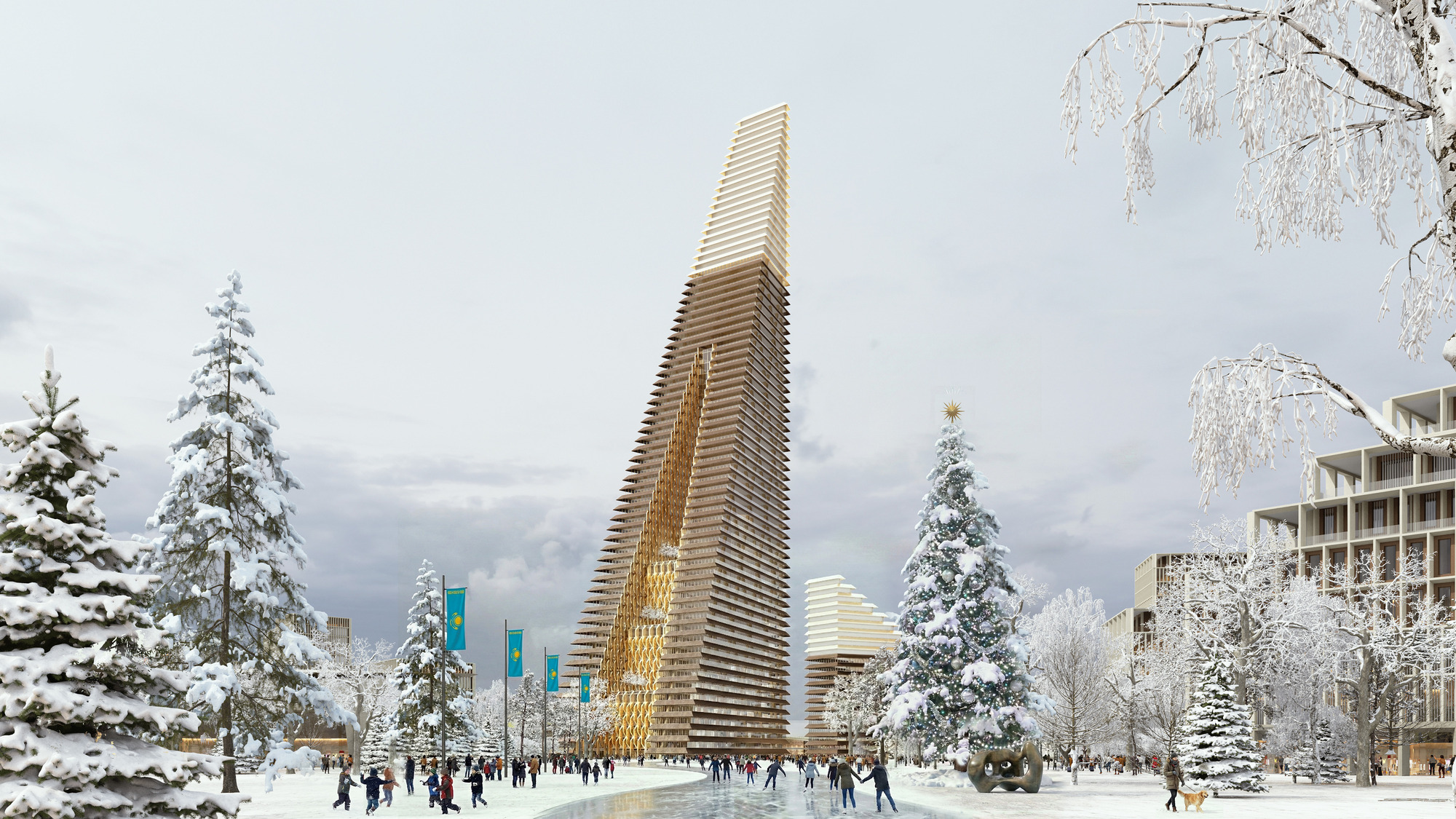 Ground-level view of the spiraling tower surrounded by snow-covered trees and pedestrians on a winter day