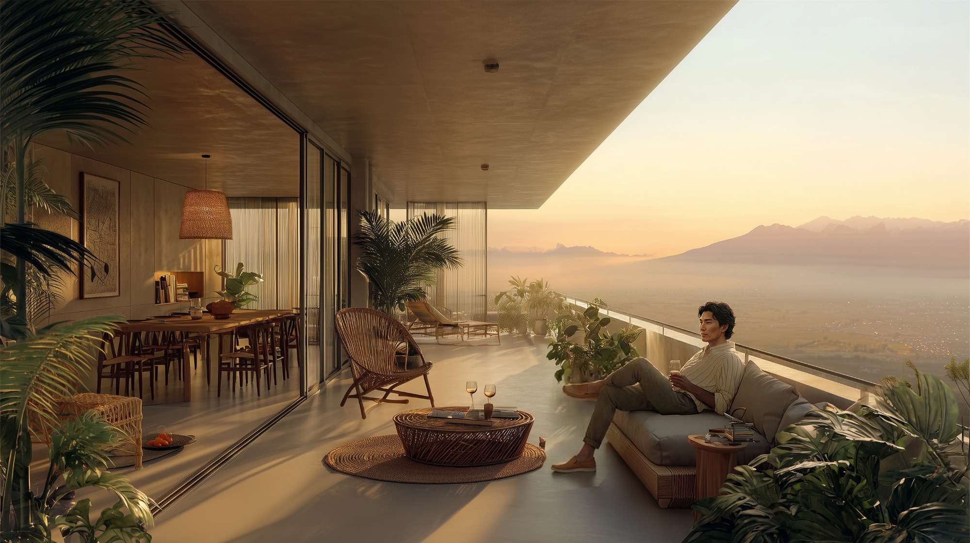 Terrace with timber ceiling and glass railing where a person reclines overlooking mountains at sunset