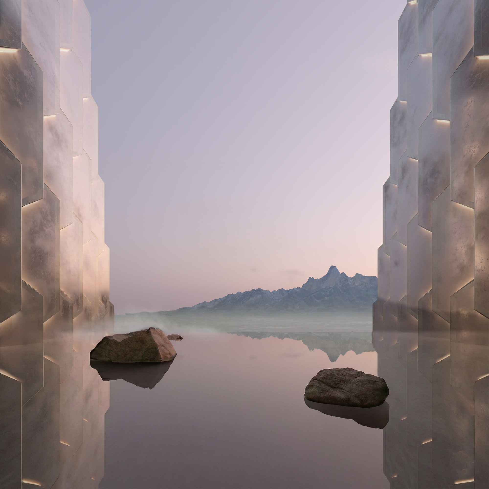 Stepped concrete walls framing a still reflecting pool with two rocks and distant mountain at dusk