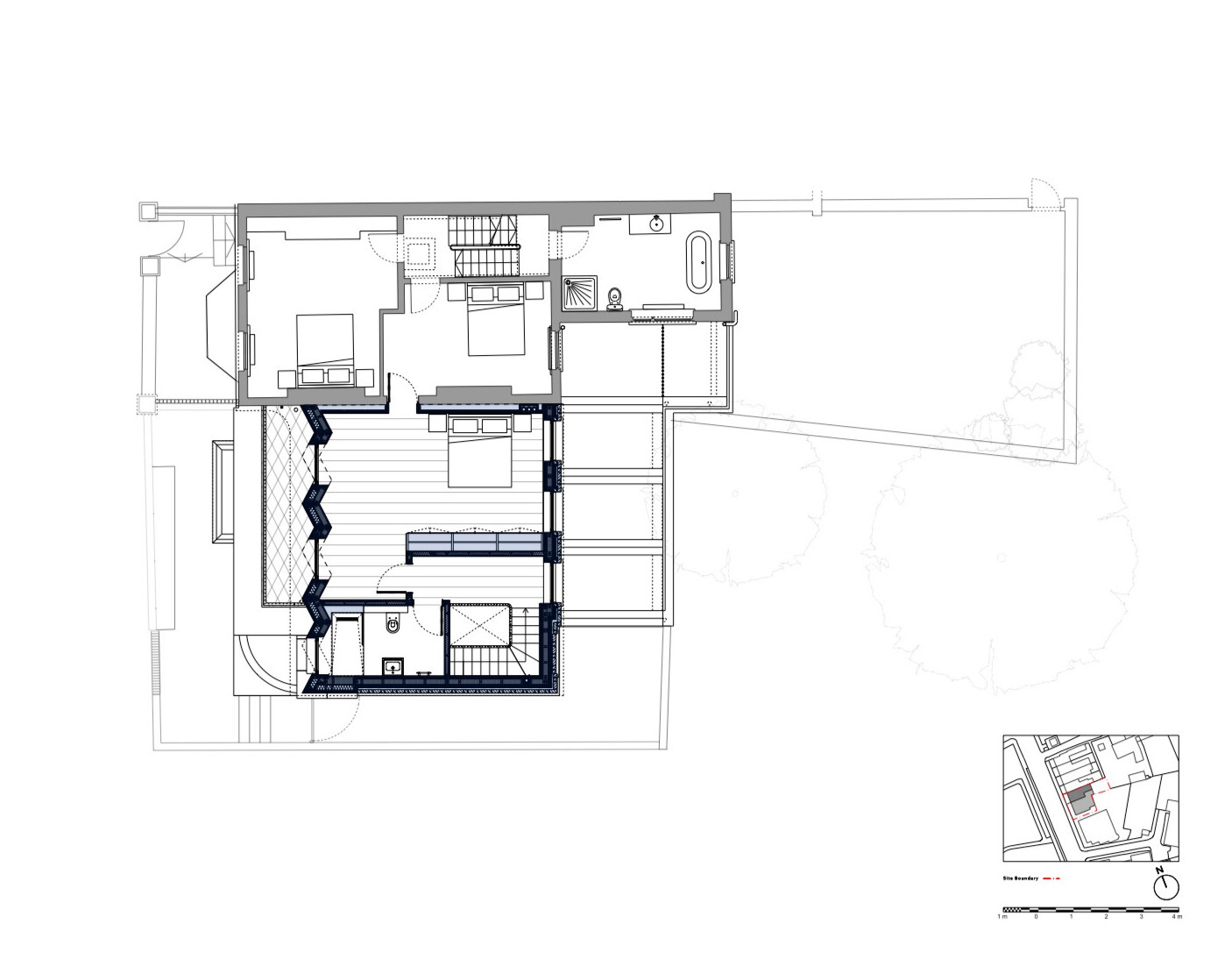 Floor plan drawing showing upper level with zigzag balcony and private terrace areas