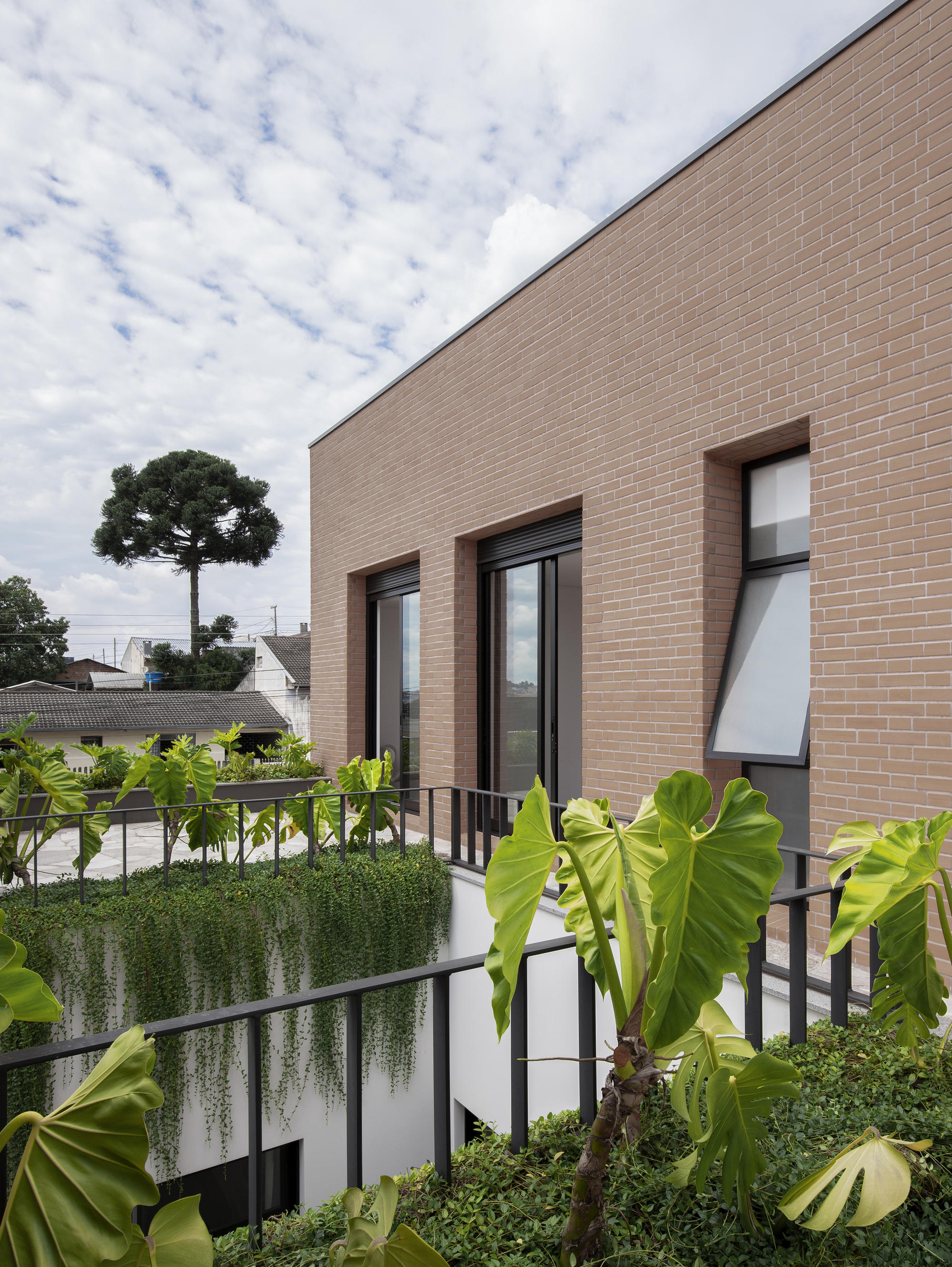 Tan brick facade with planted terrace featuring cascading vines and tropical foliage under cloudy skies