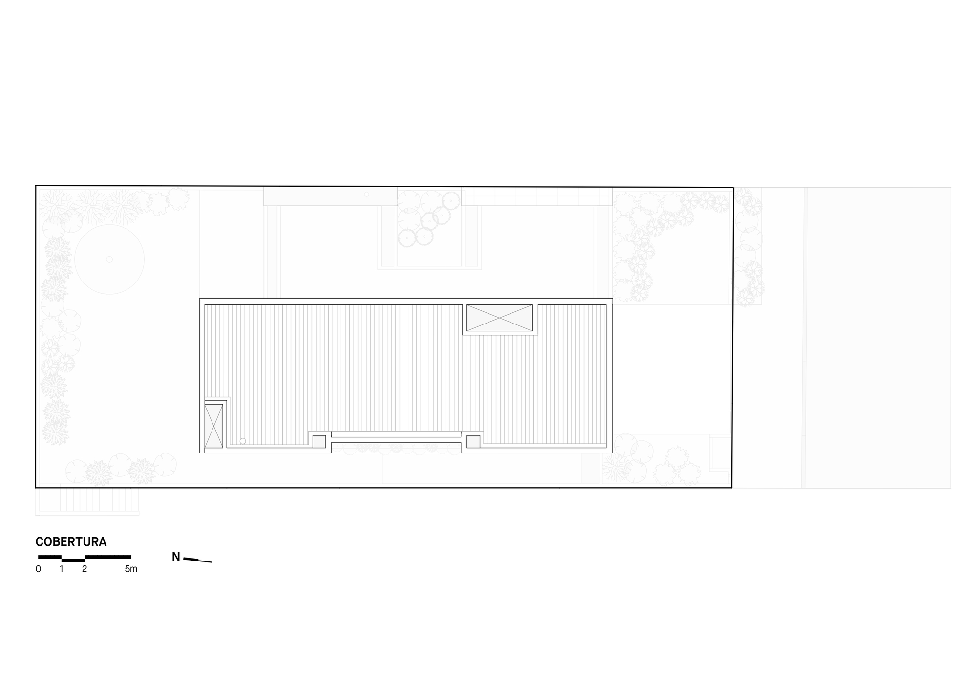 Roof plan drawing showing slatted deck surface and skylight opening with adjacent garden area