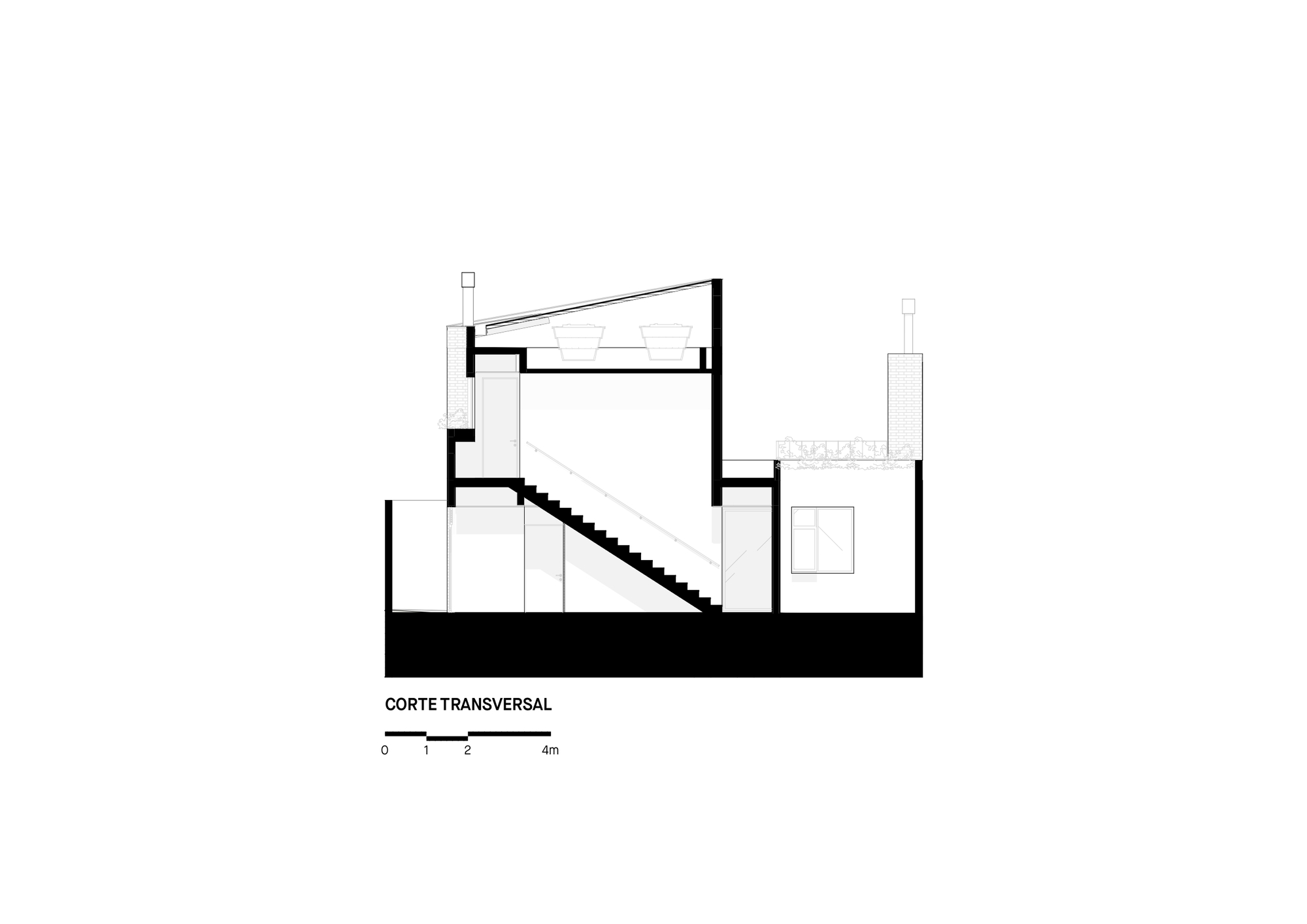 Transverse section drawing showing stair connecting two levels and sloped roof above