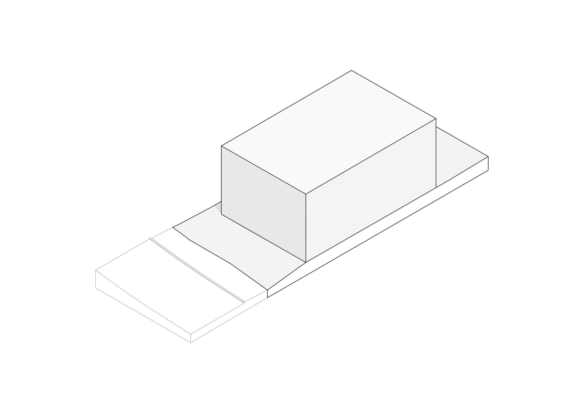 Axonometric drawing showing a two-story box atop a stepped plinth and terrace