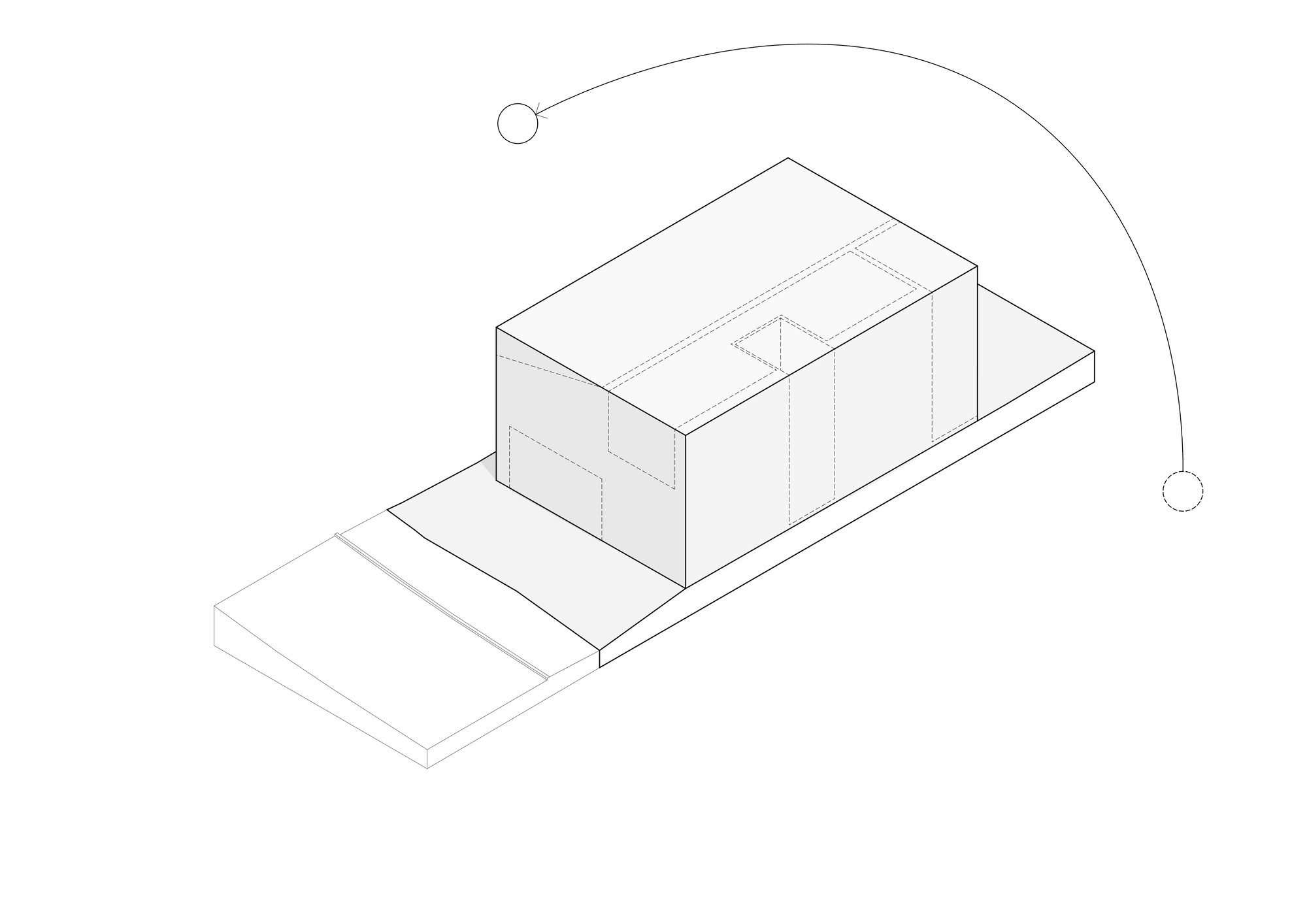 Axonometric drawing illustrating the two-story volume with courtyard cut and sun path diagram overhead