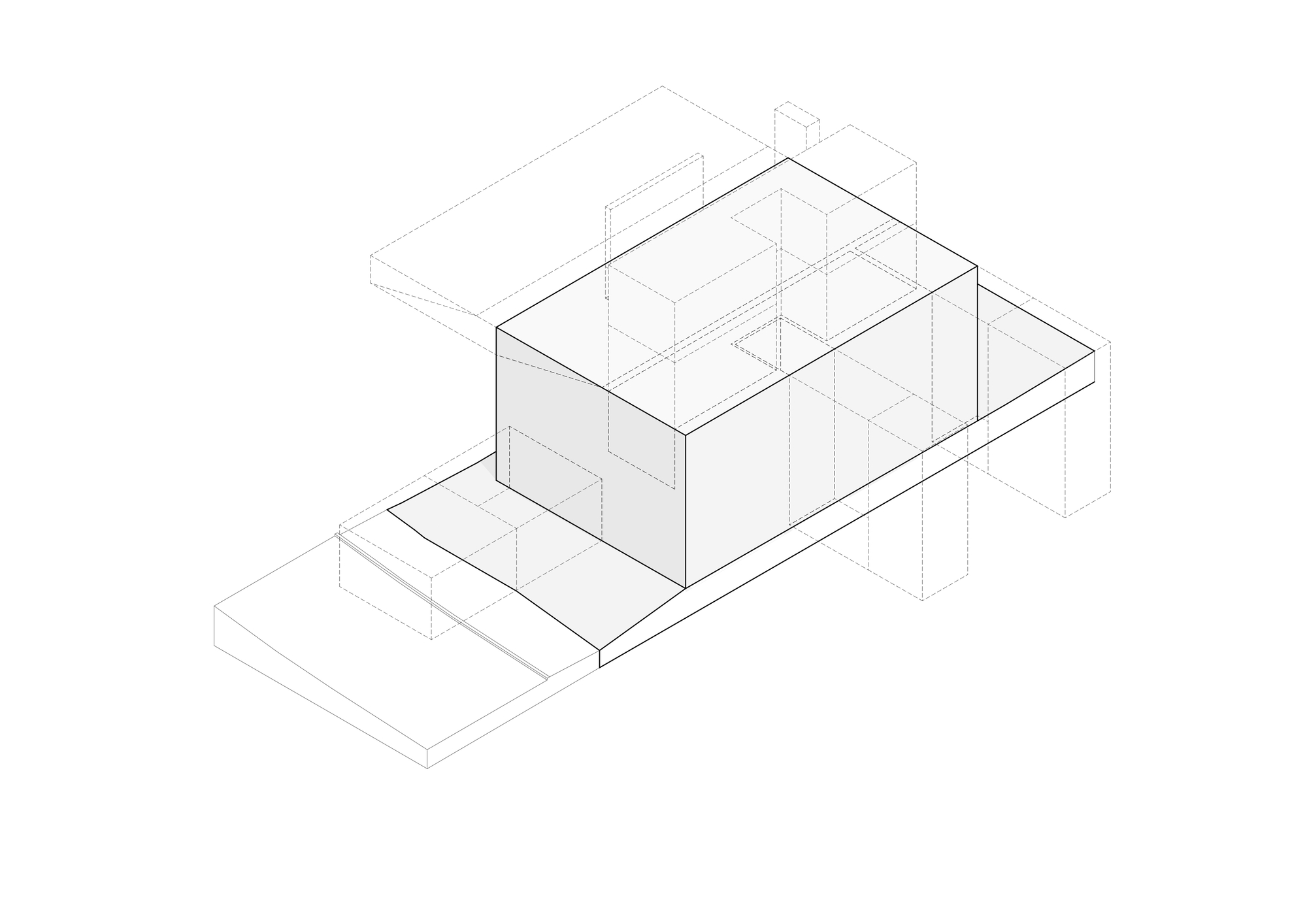 Axonometric drawing showing a two-story volume with interior partitions on a sloped site base